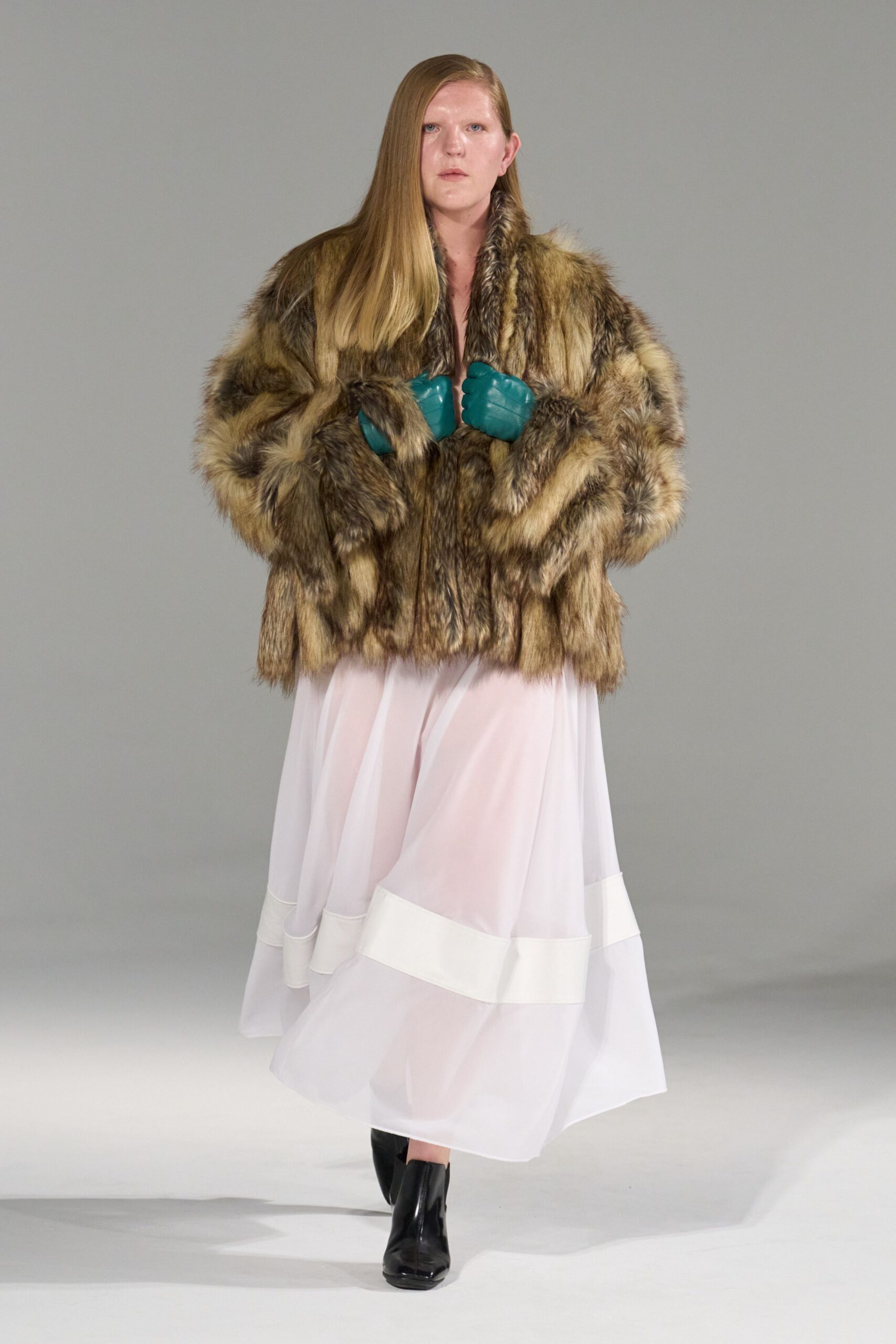 brown fur coat white tiered dress