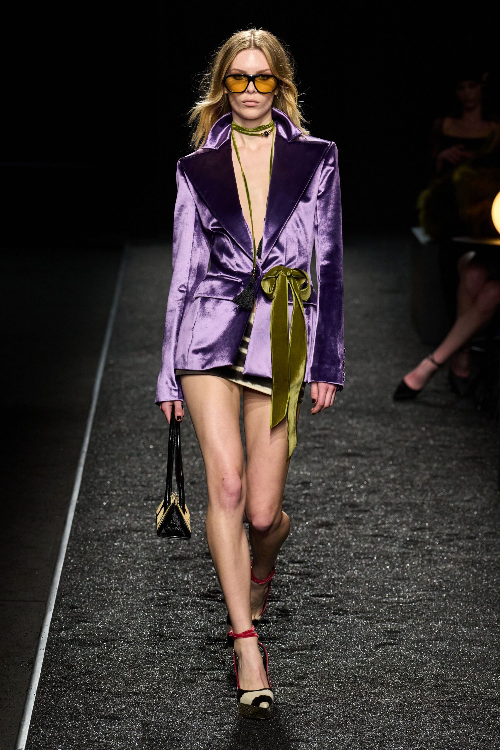 purple silk long-sleeve collared fitted buttoned shiny blazer