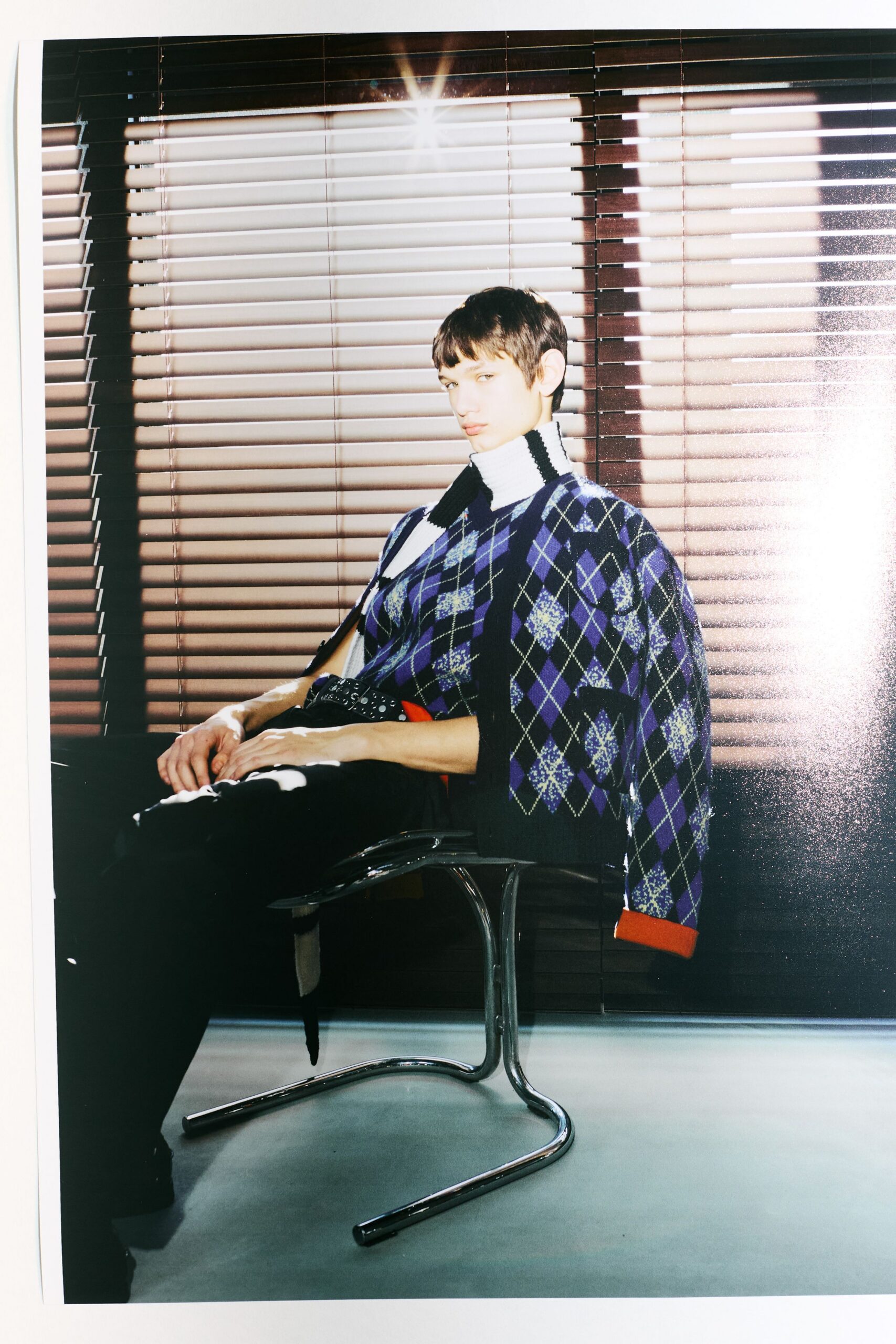 blue cotton long-sleeve collared relaxed checked sweater