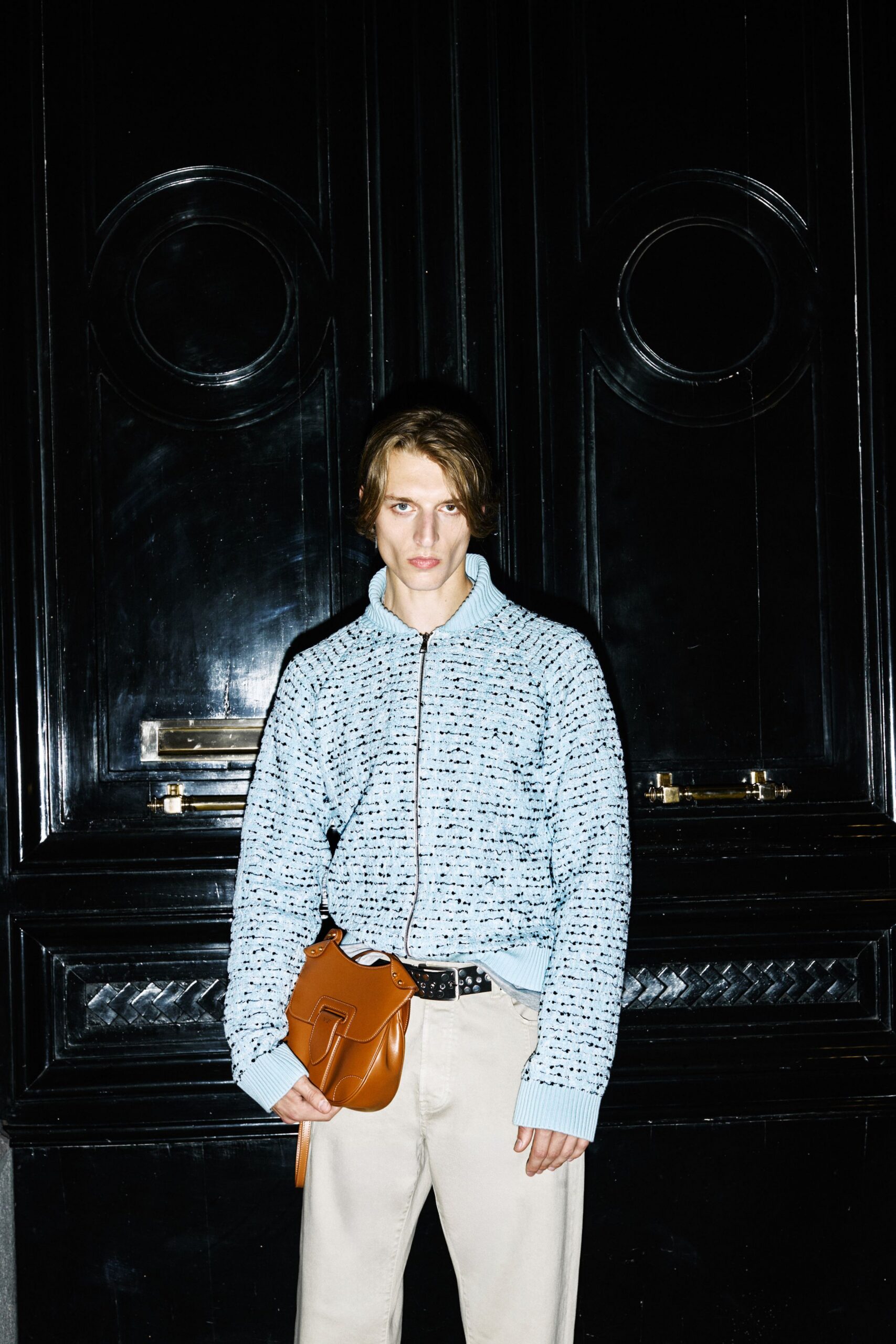 blue cotton long-sleeve fitted zippered textured sweater