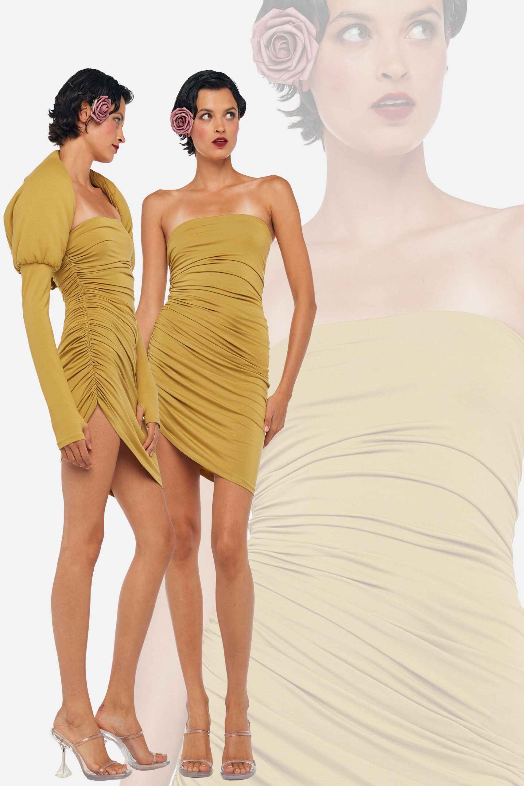 yellow silk strapless fitted ruched mini dress
