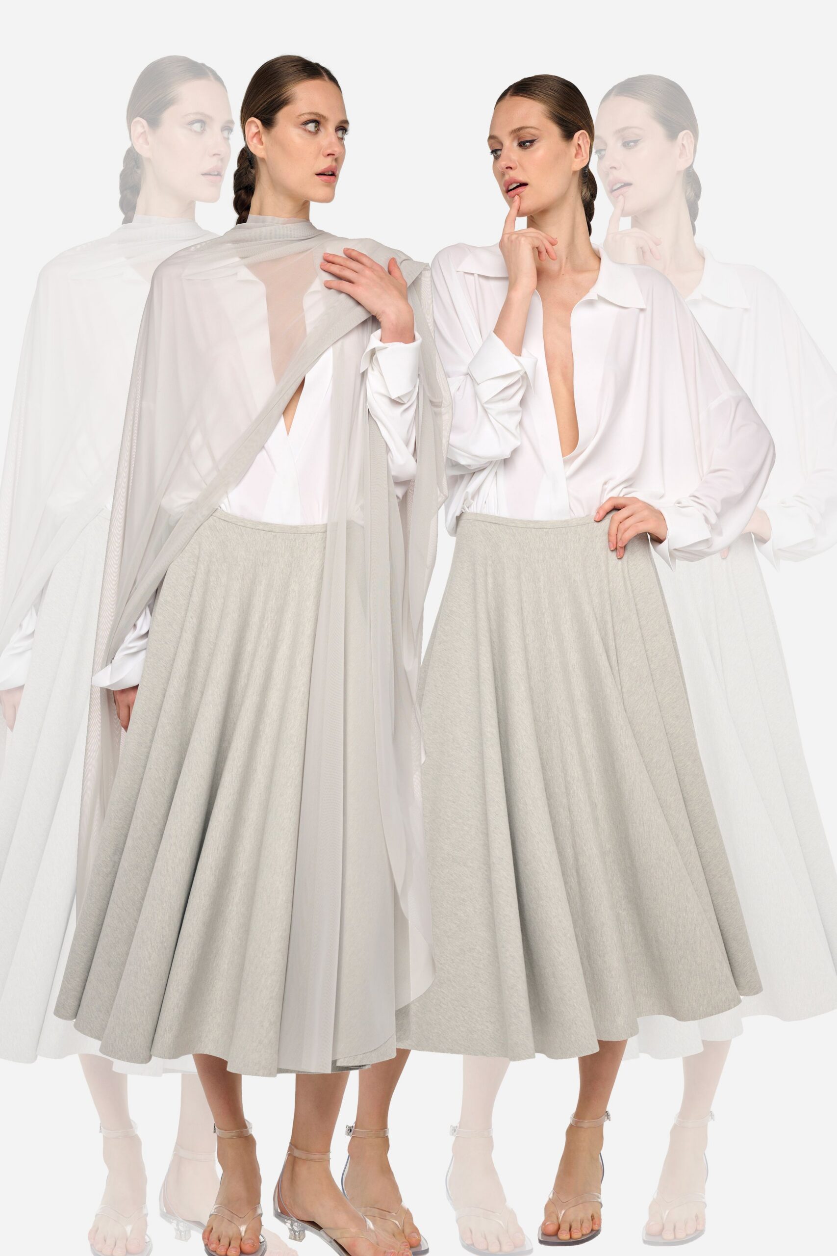 white shirt gray flared skirt