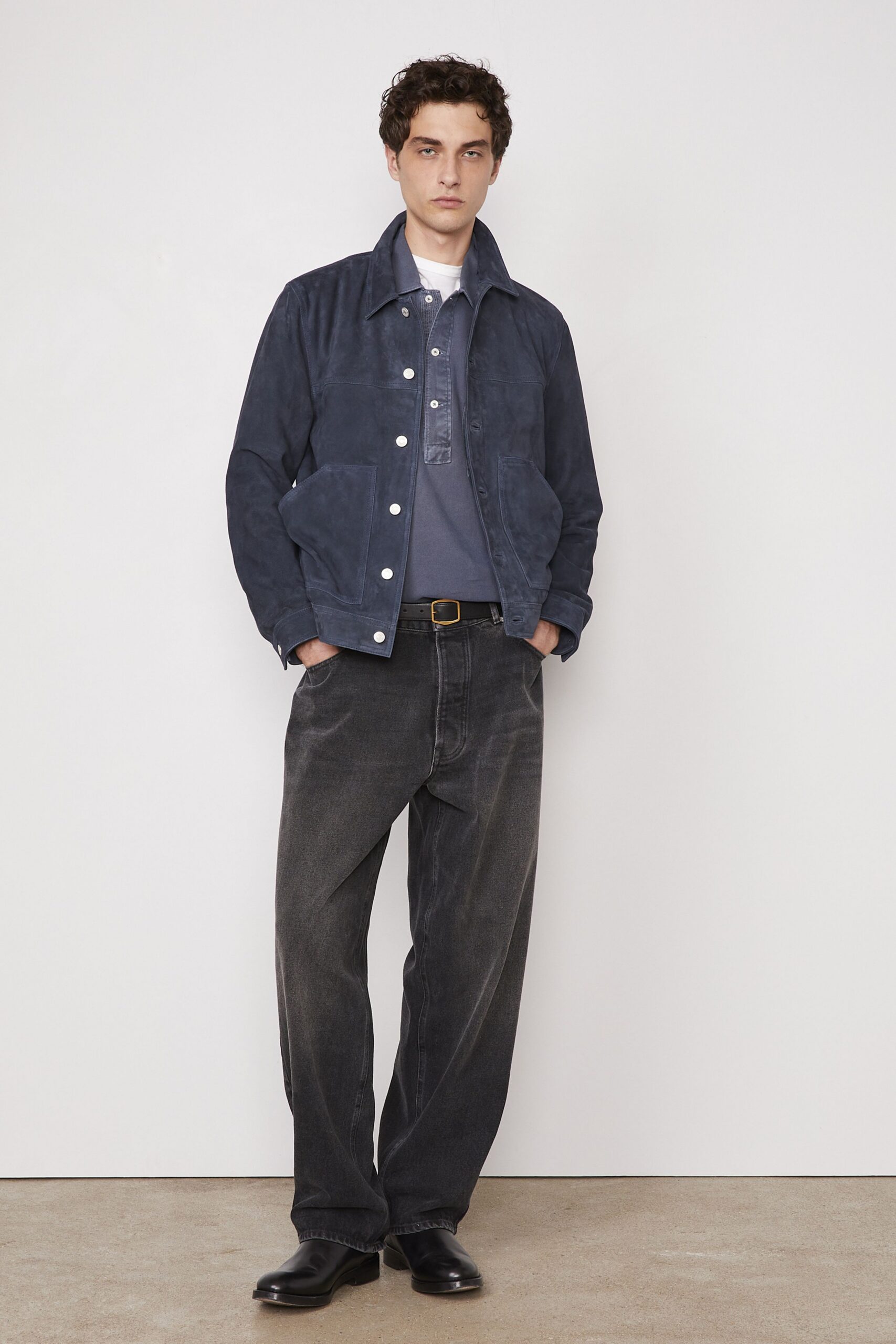 blue suede long-sleeve collared relaxed jacket