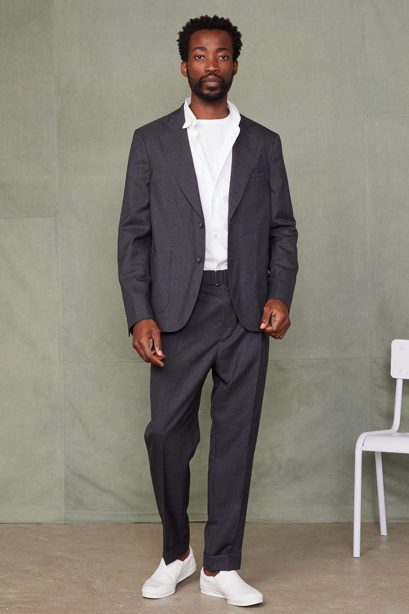 gray tailored suit with white shirt