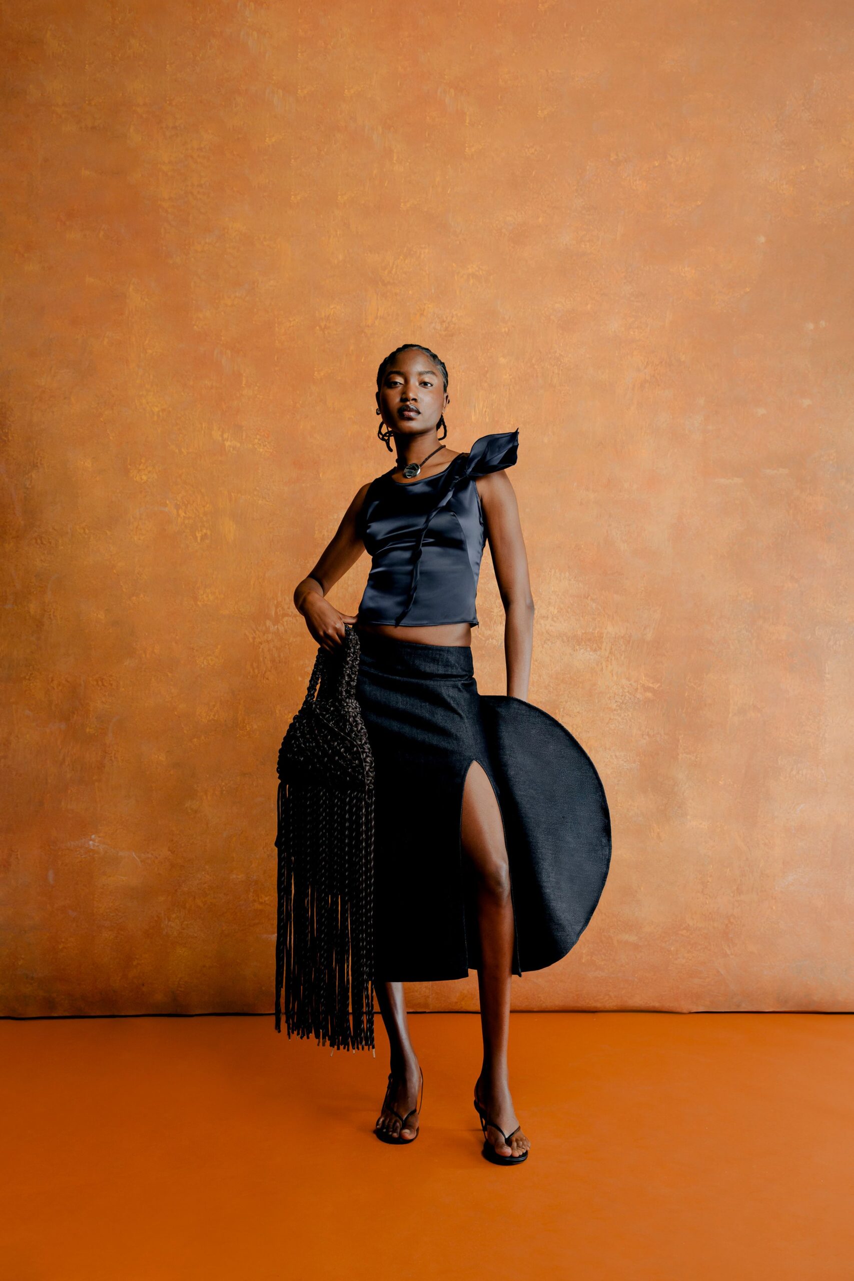 black silk top and skirt