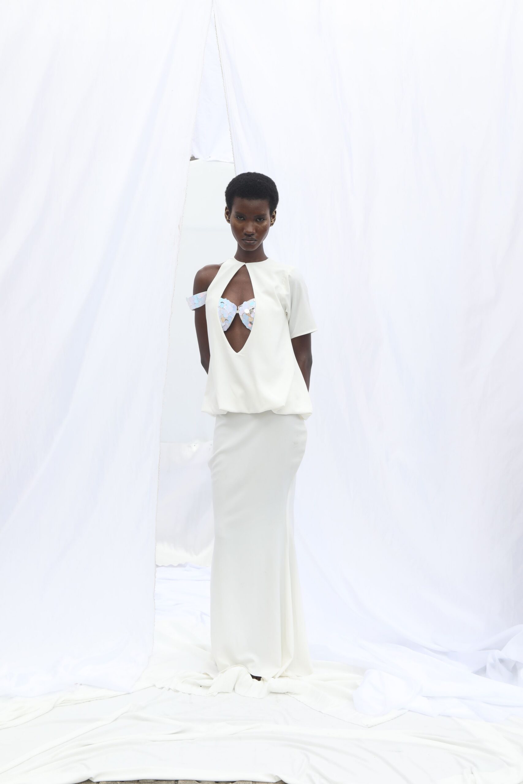 white silk fitted gown
