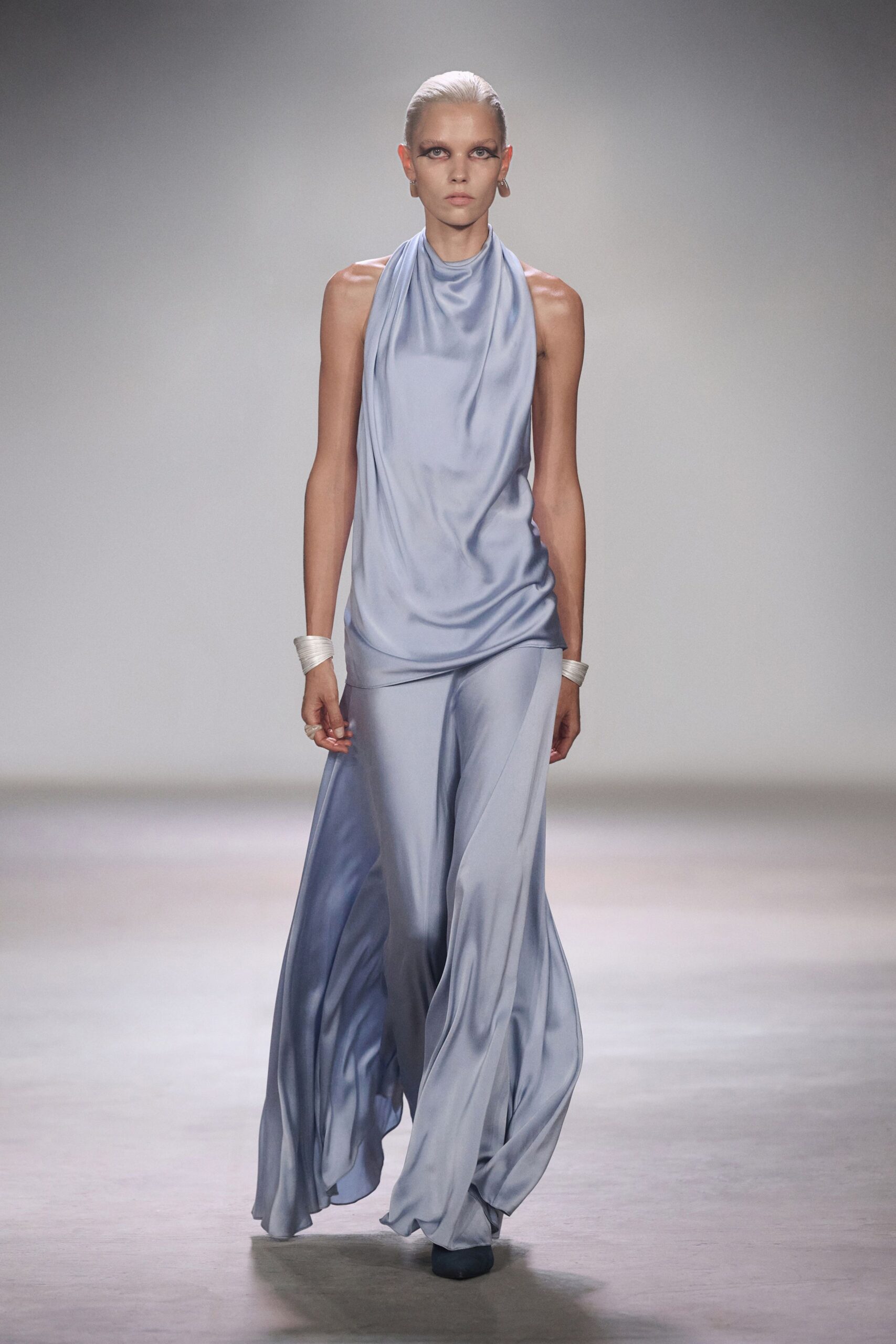 blue silk sleeveless gown