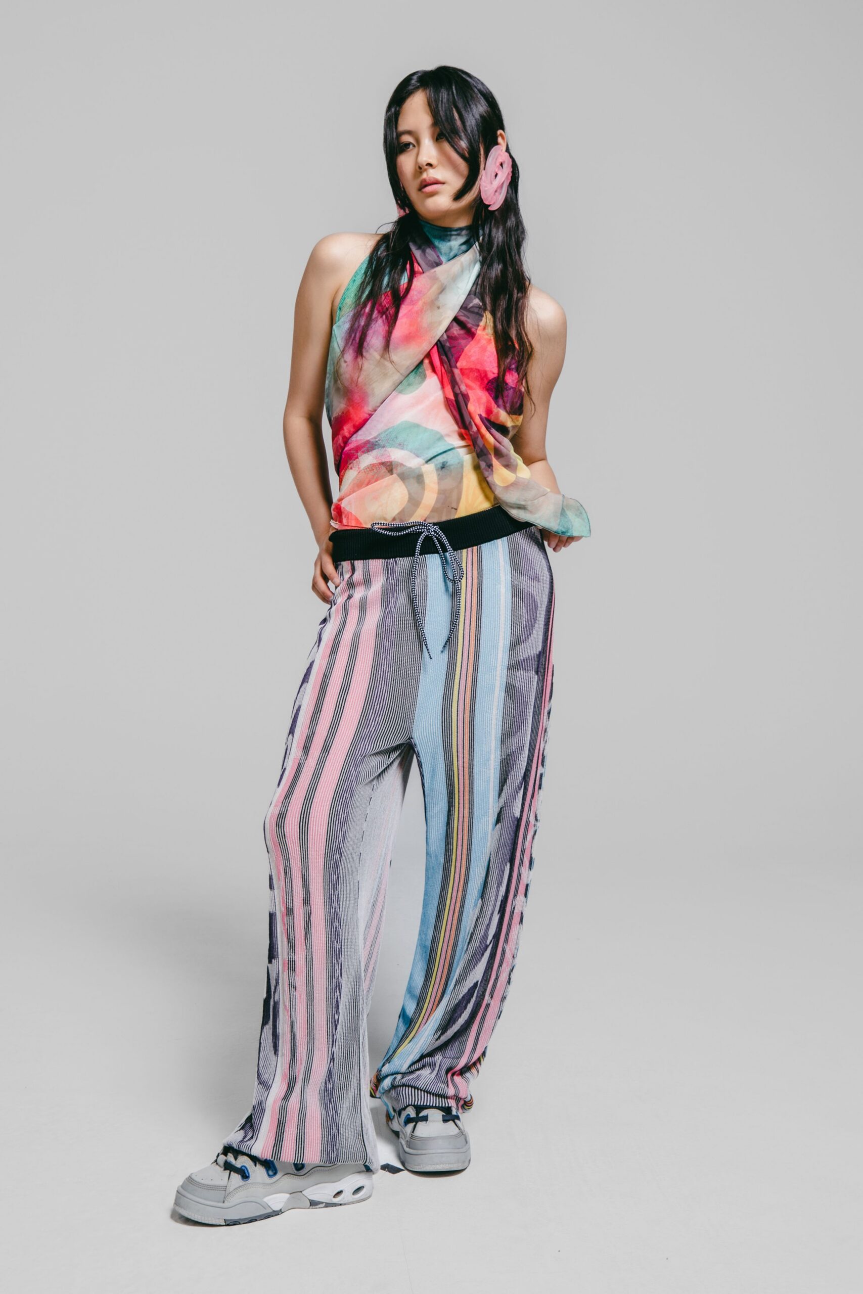 multi silk sleeveless high-neck fitted draped top