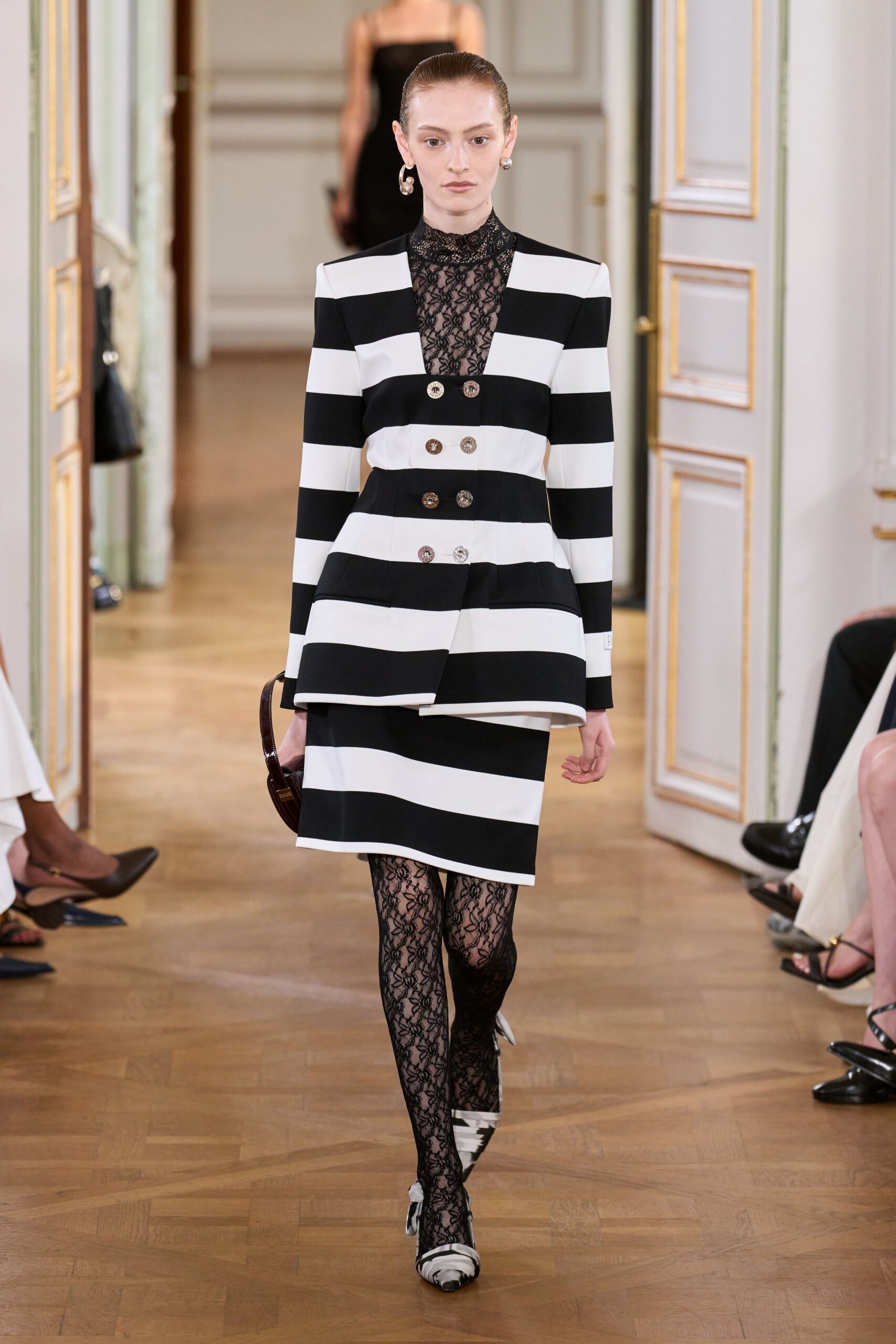 black cotton long-sleeve v-neck fitted striped buttoned dress