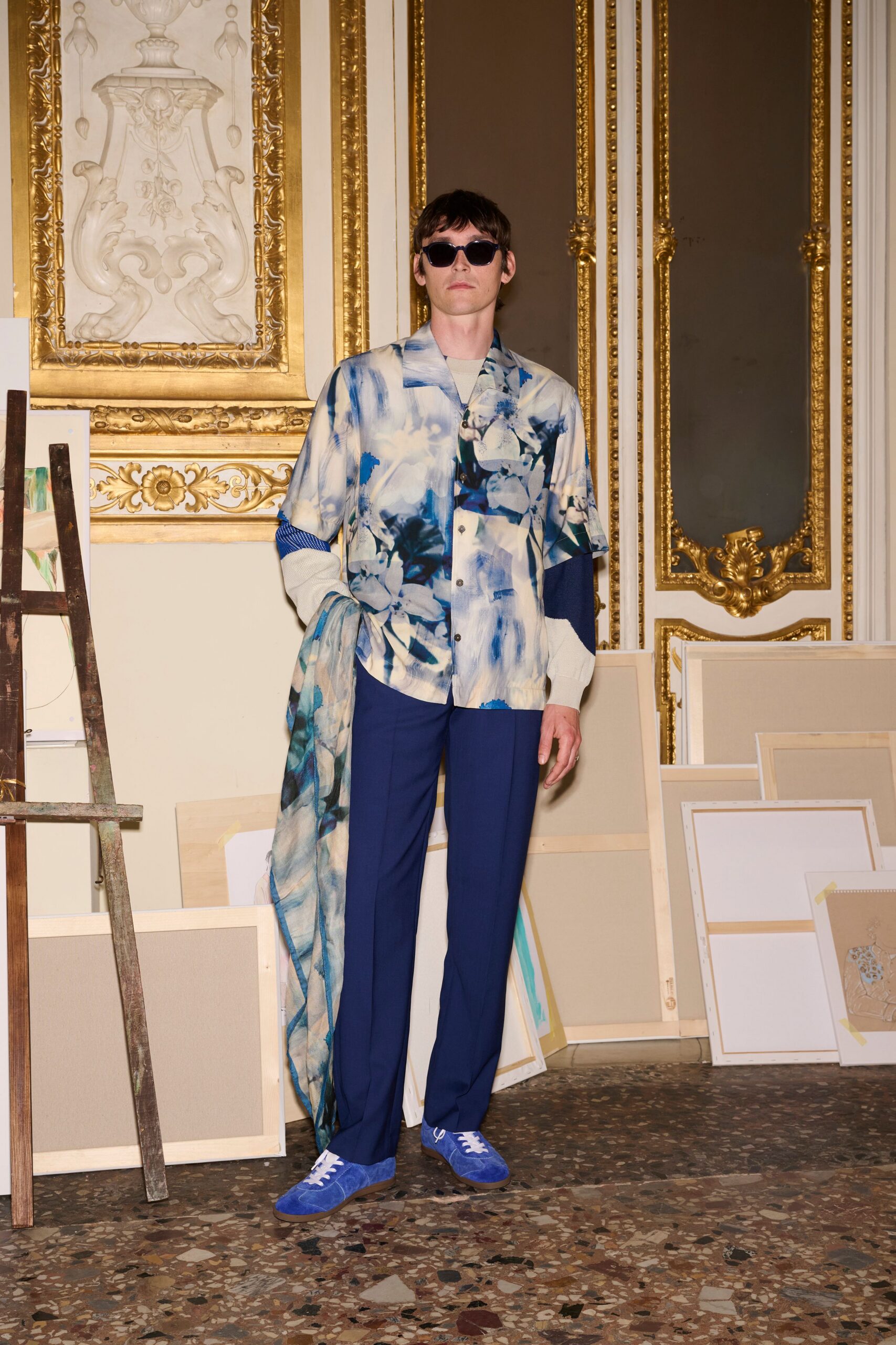 blue printed shirt with tailored pants
