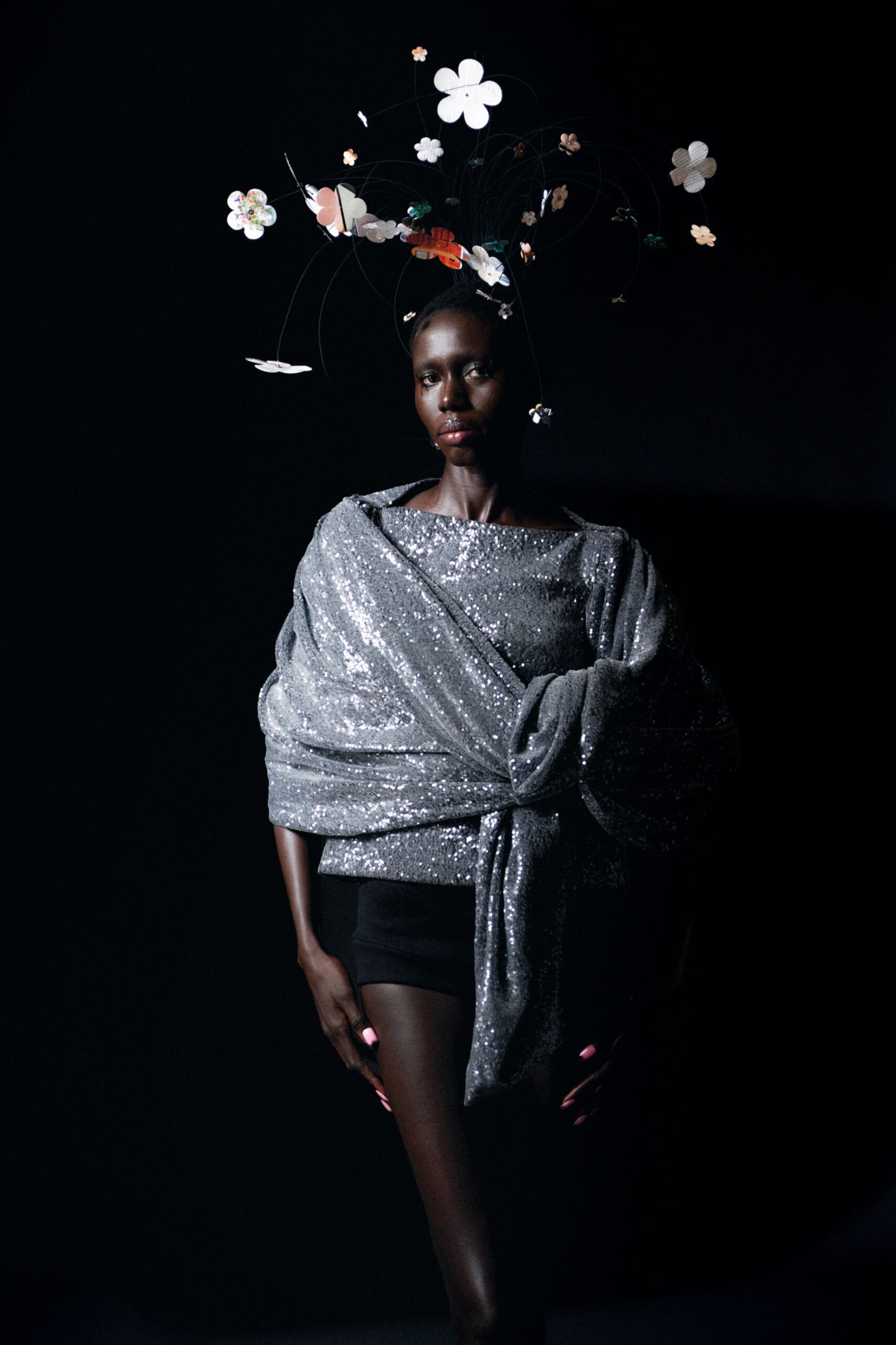 gray sequin high-neck fitted draped shiny top