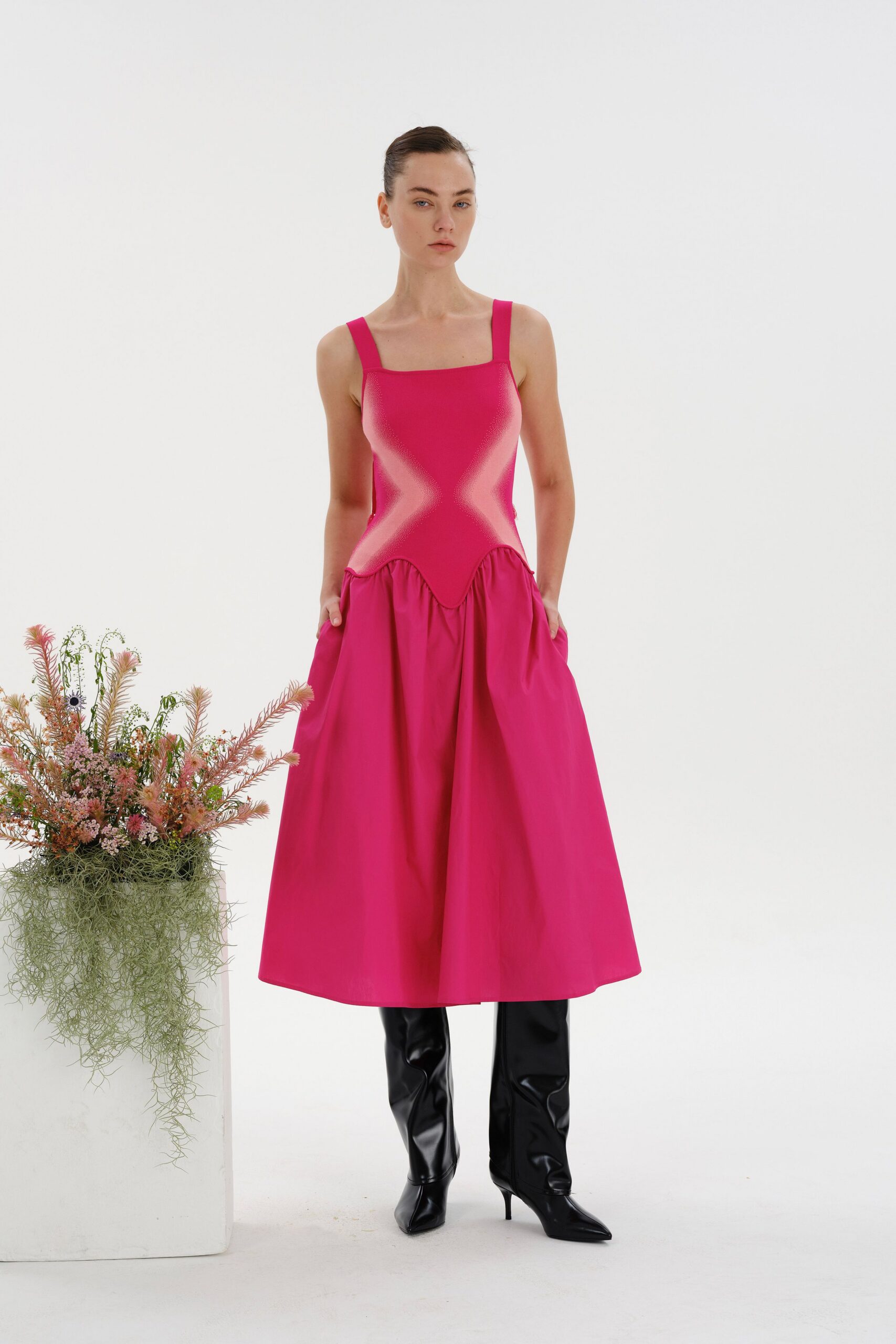 pink cotton sleeveless square-neck fitted pleated a-line dress