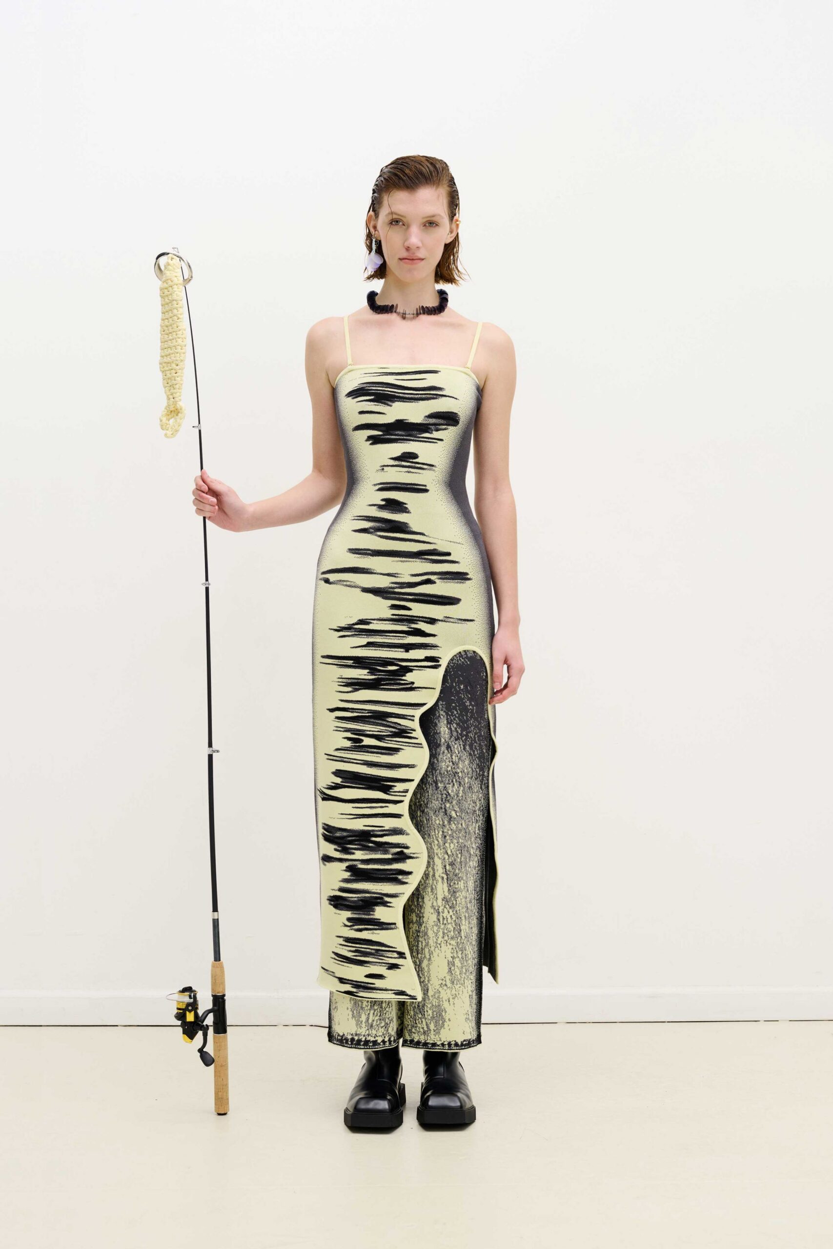 yellow cotton sleeveless v-neck fitted ruched midi dress