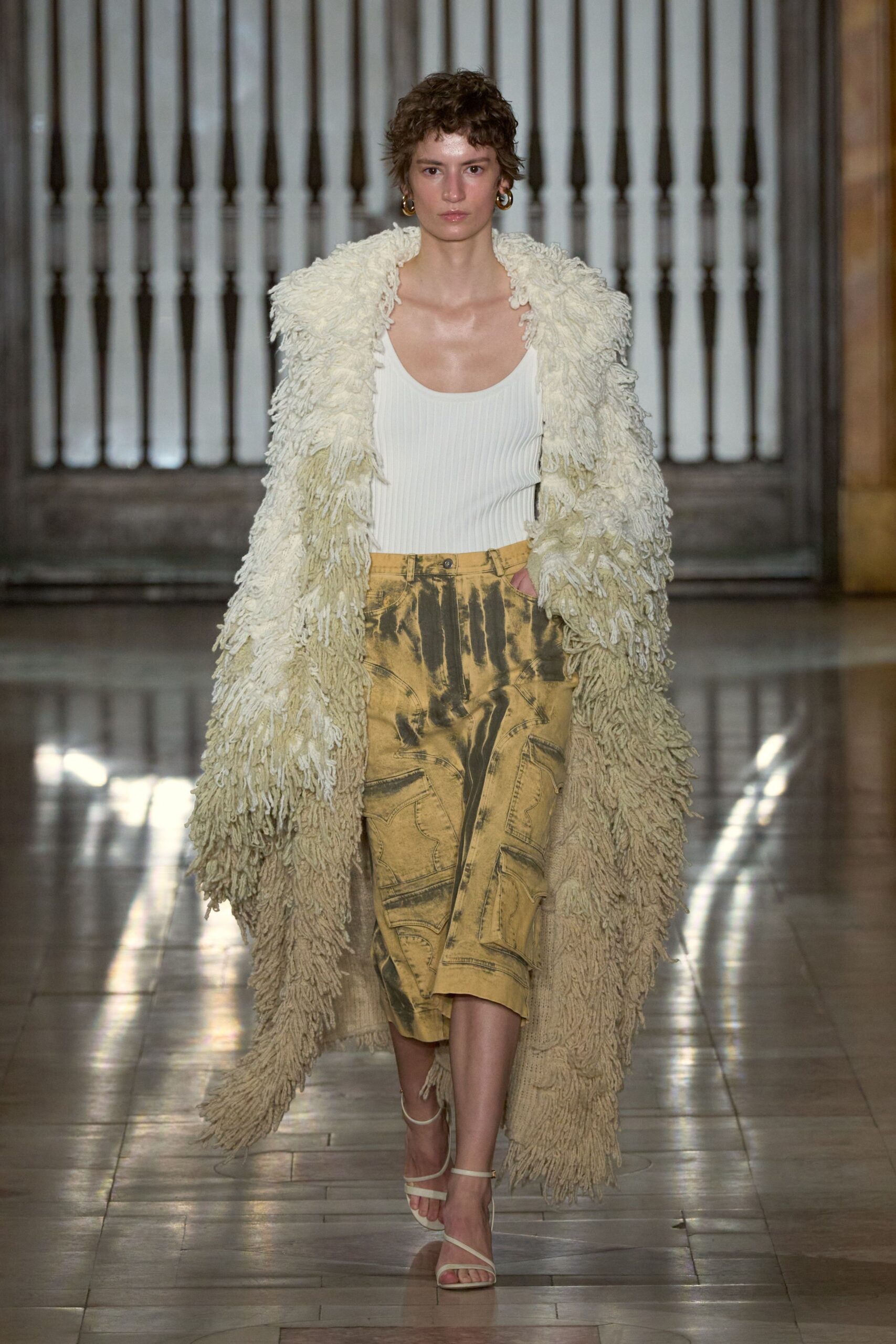 beige fur relaxed fringed maxi coat