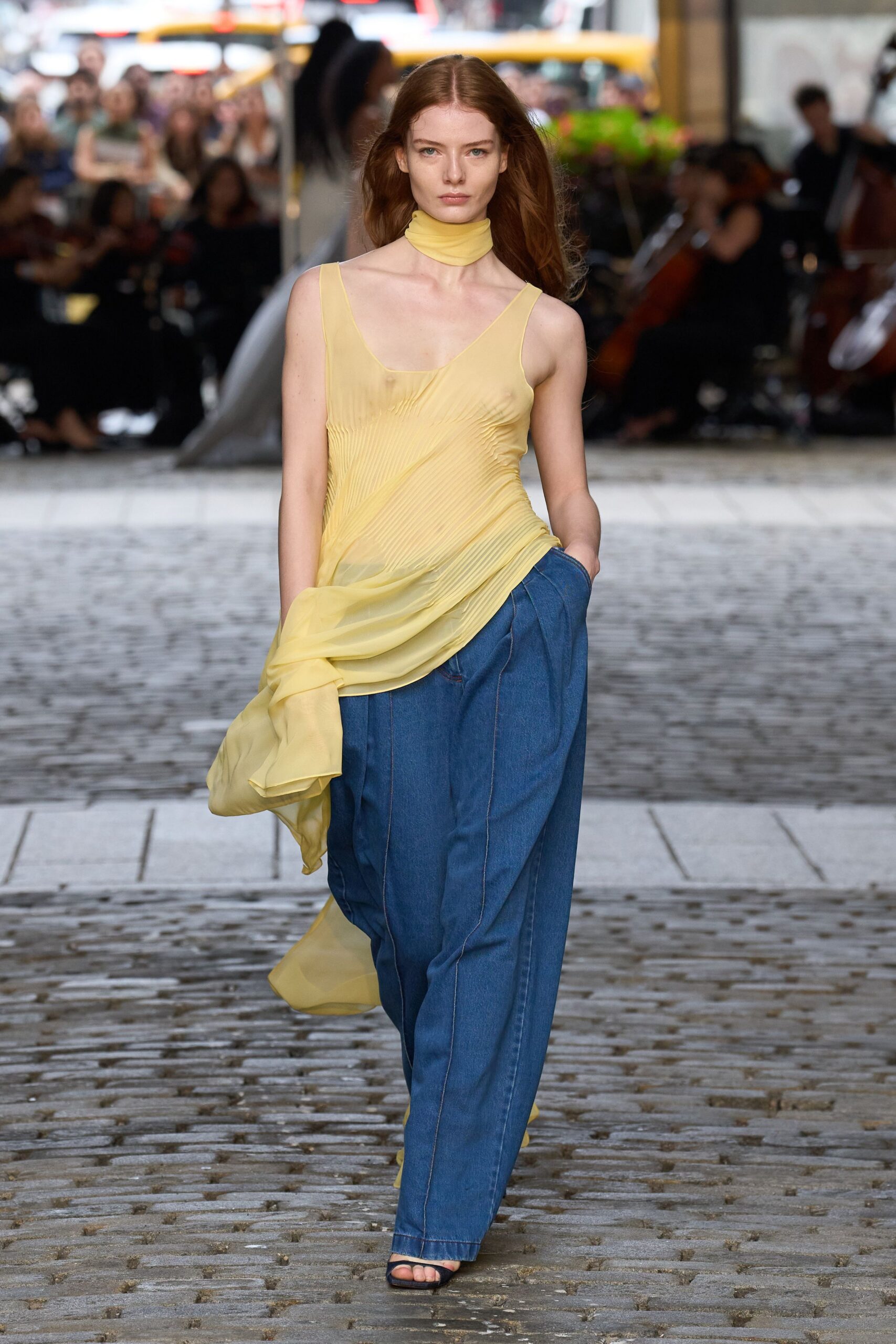 yellow silk sleeveless v-neck relaxed pleated flowing top