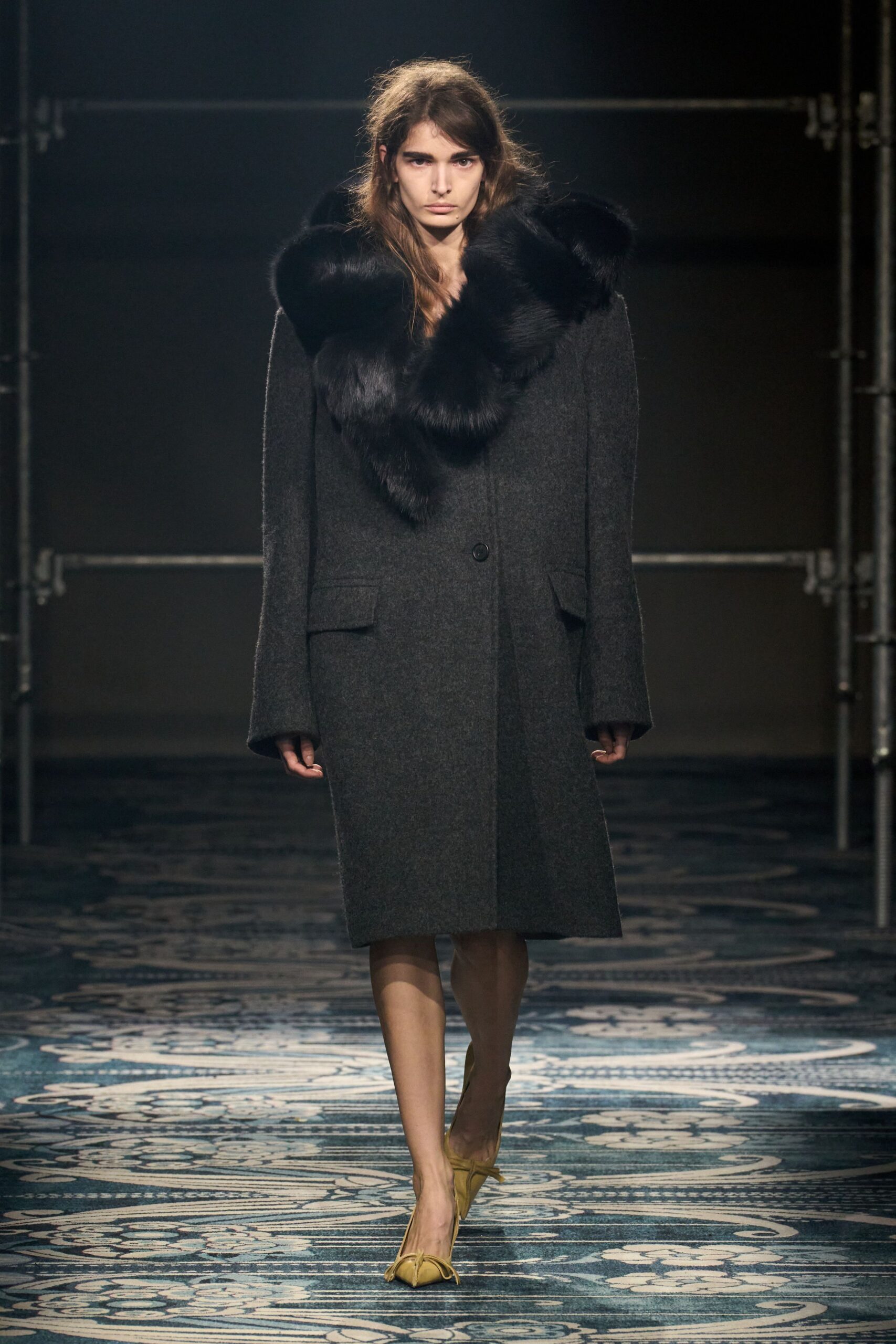 gray wool relaxed coat with yellow shoes