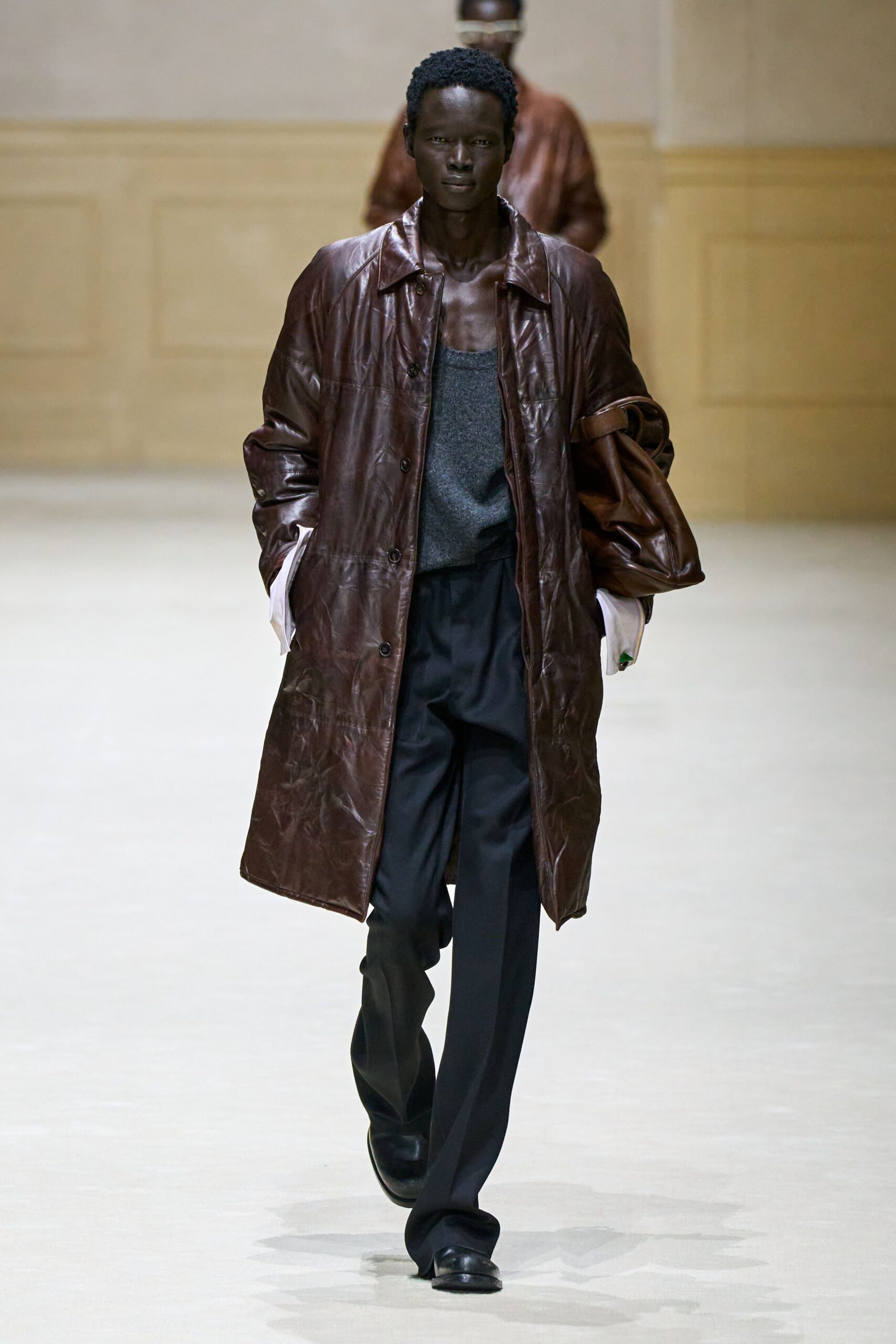 brown leather oversized coat