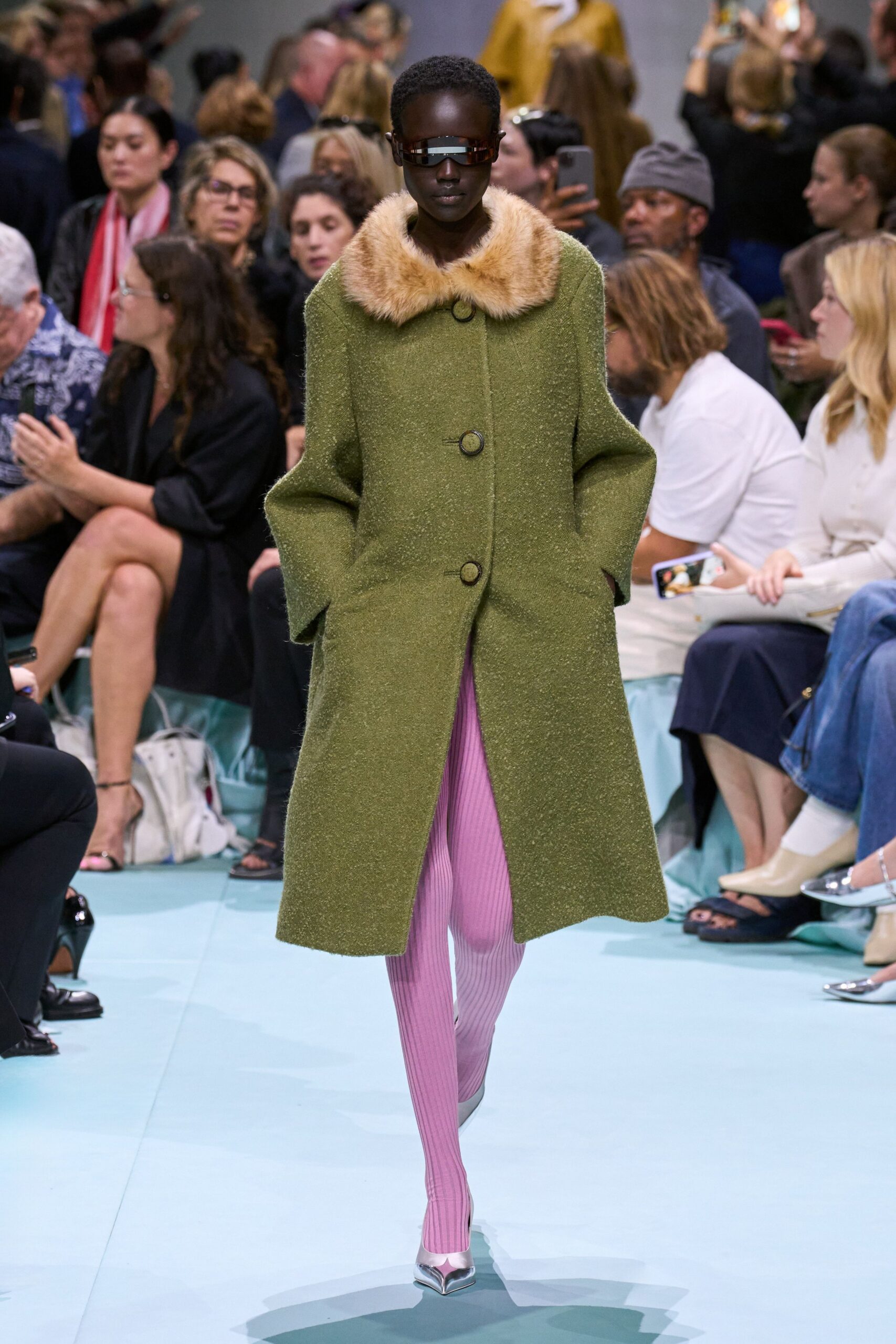 green wool long-sleeve collared relaxed buttoned midi coat