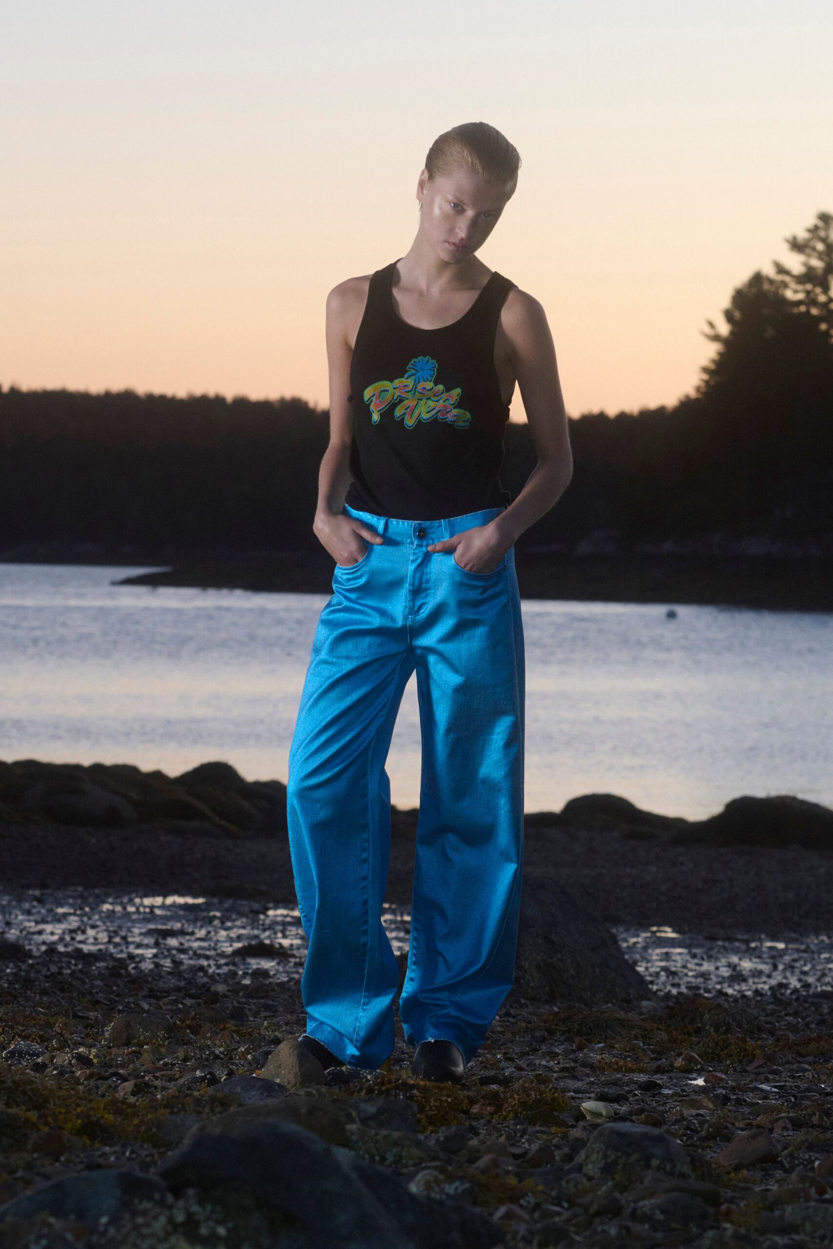 black tank-top and blue pants