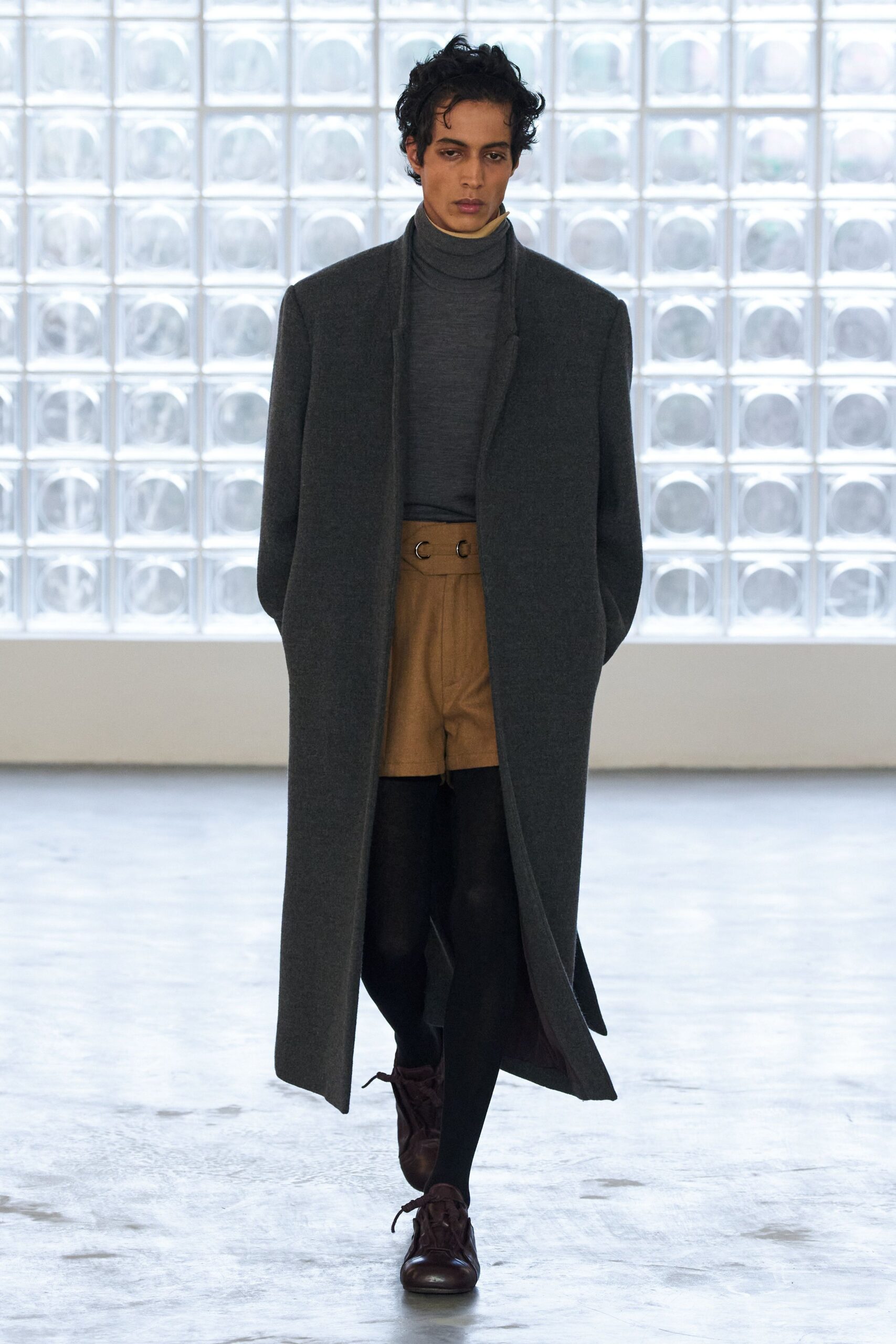 gray wool long-sleeve collared relaxed maxi coat