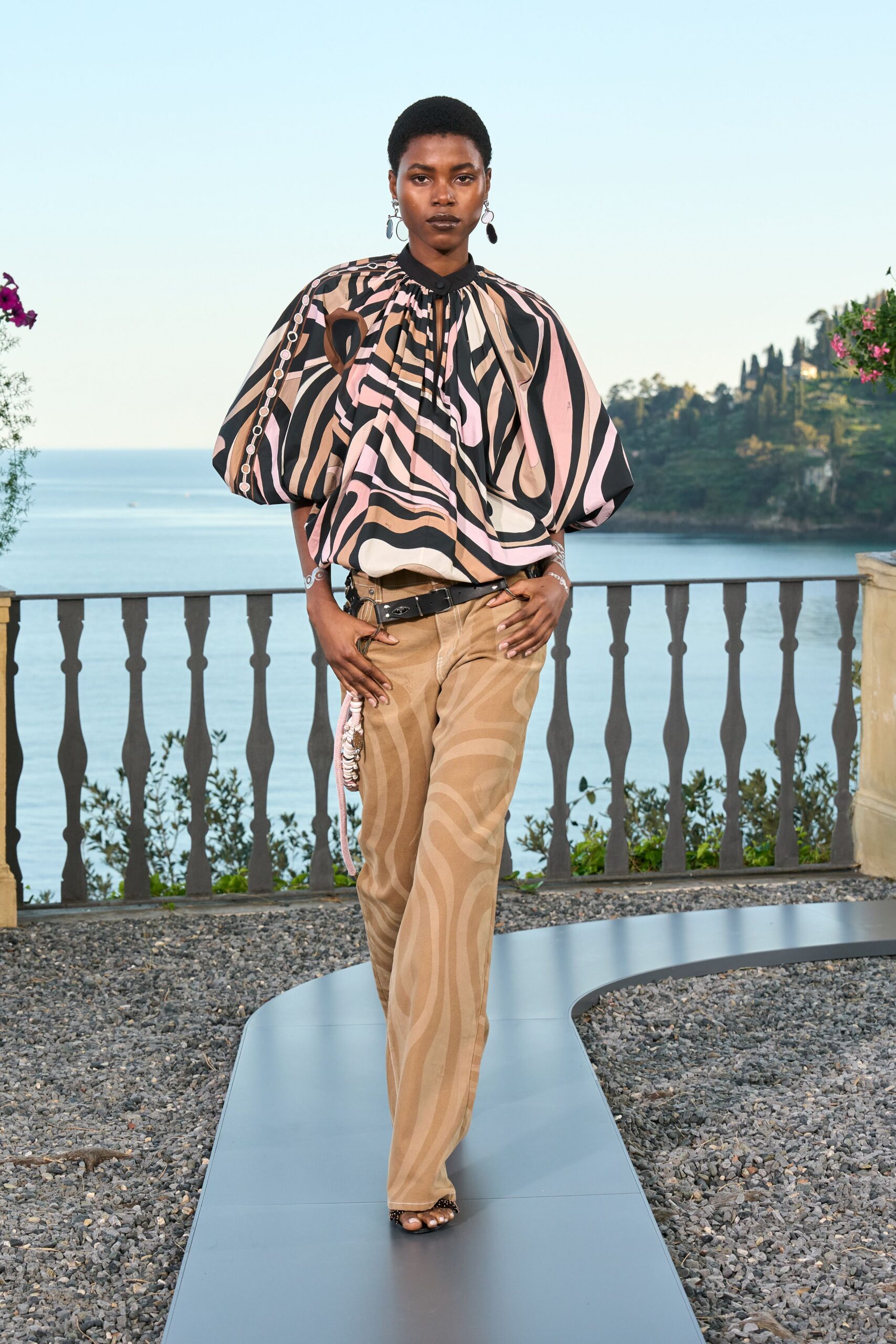 pink long-sleeve collared relaxed printed draped top