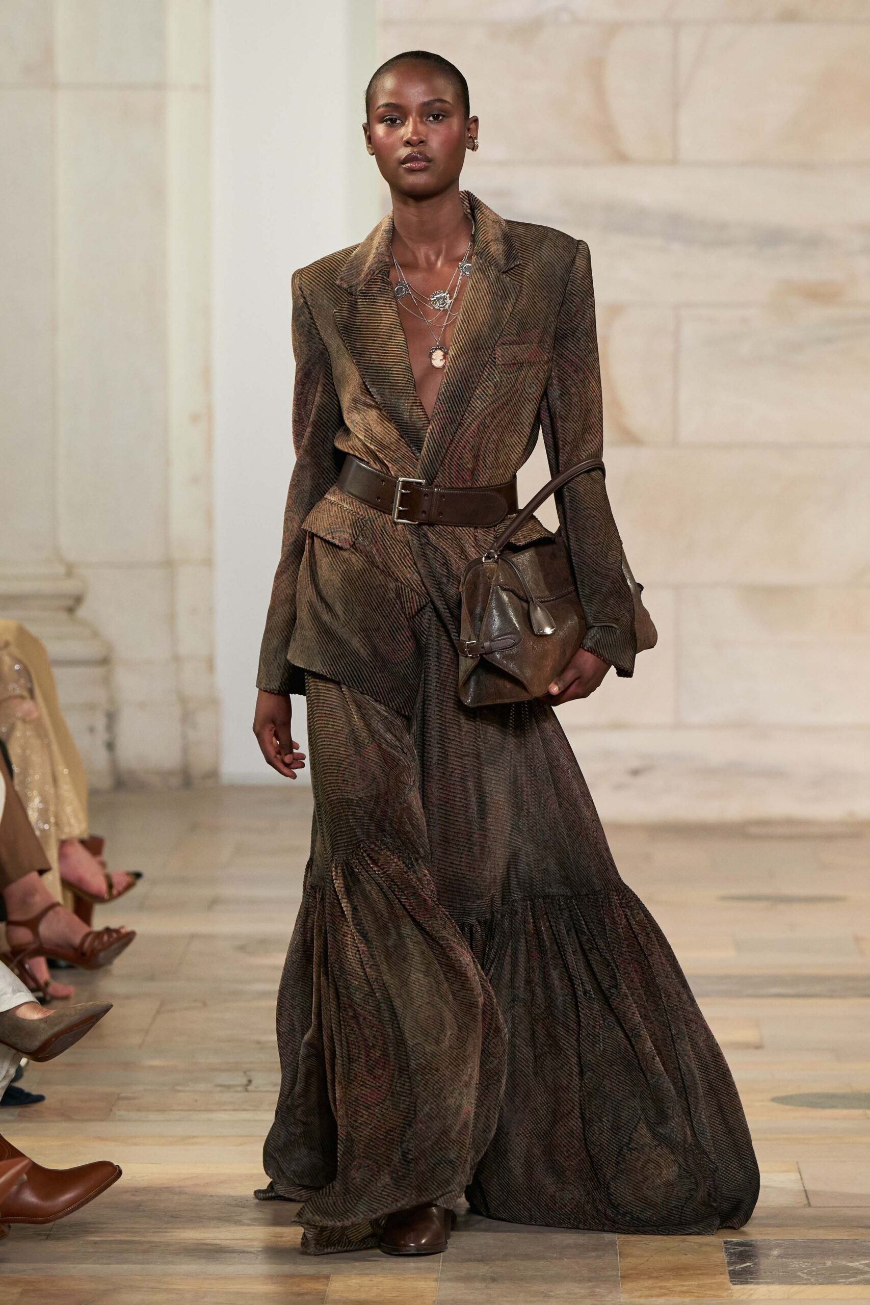 brown silk long-sleeve v-neck fitted flared belted suit