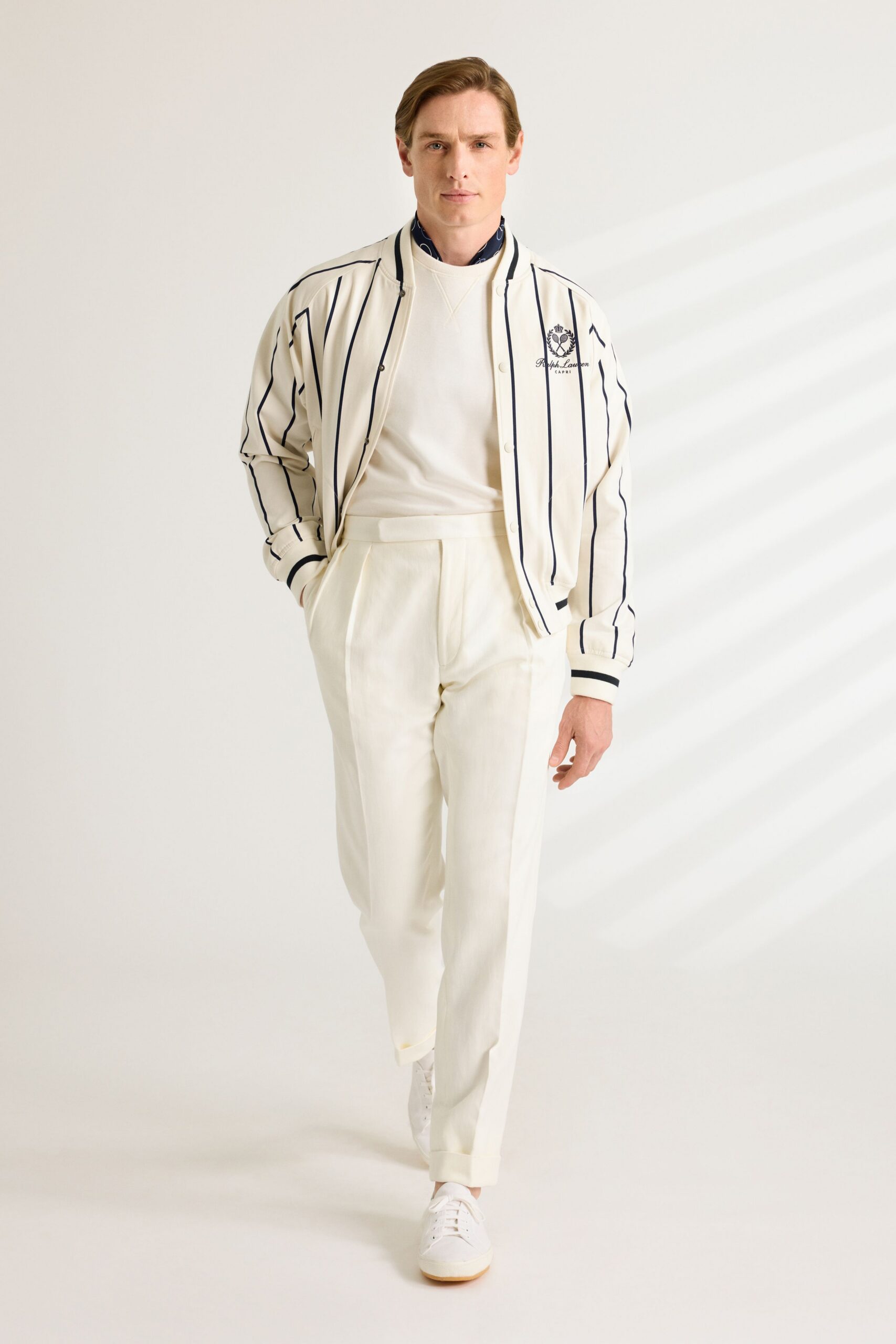 white striped jacket with fitted sweater