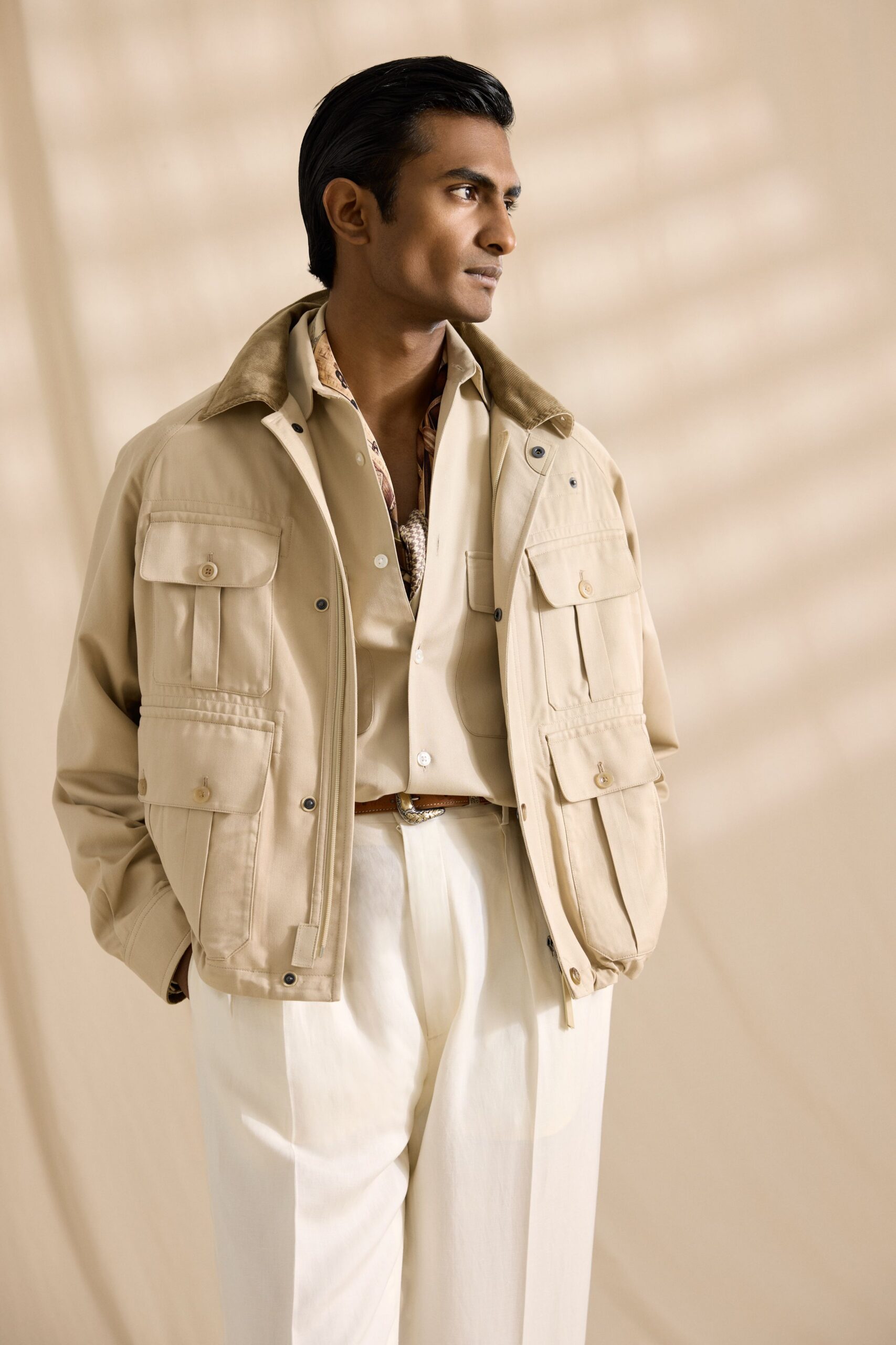 beige jacket white shirt tailored pants