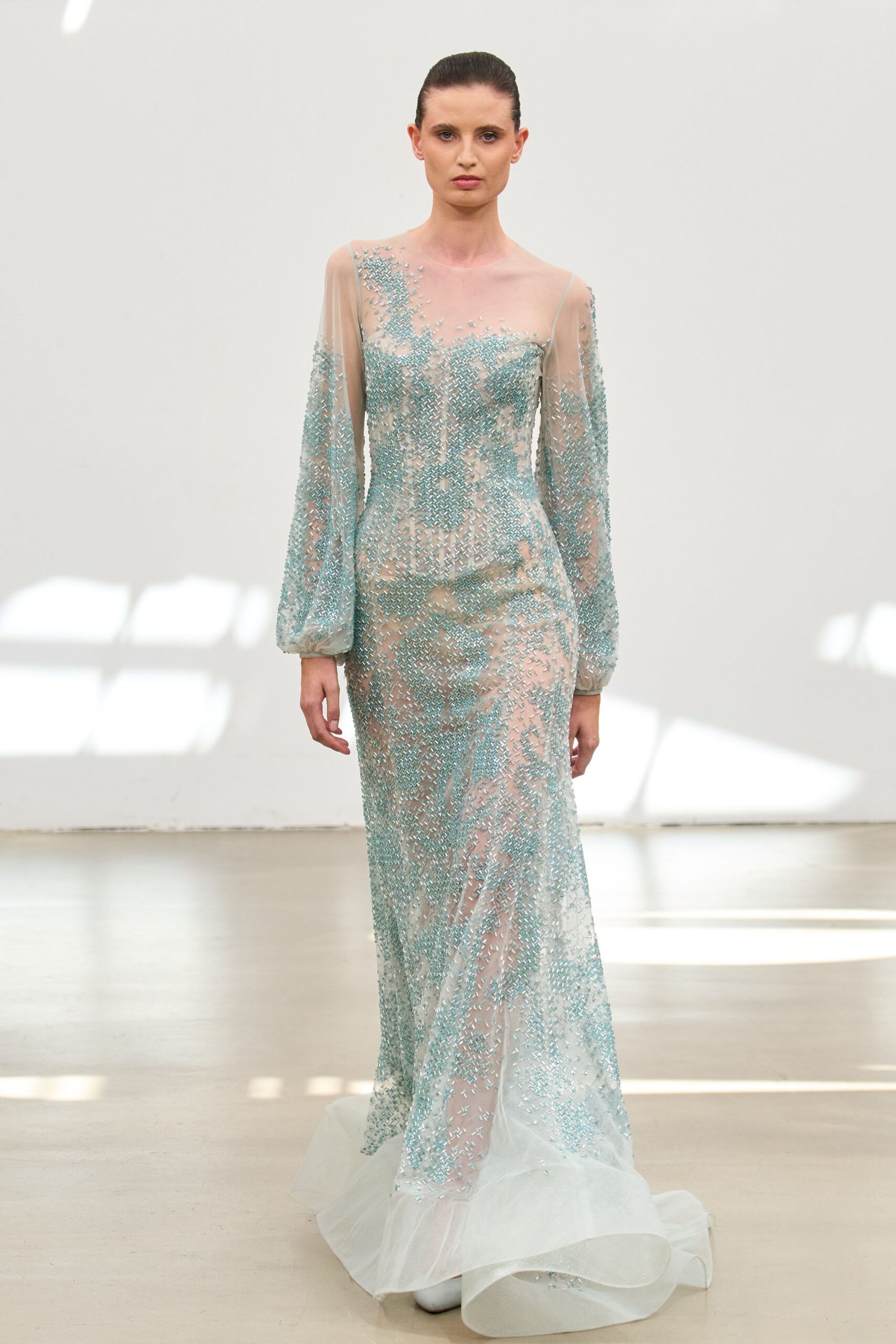 blue and pink embroidered gown