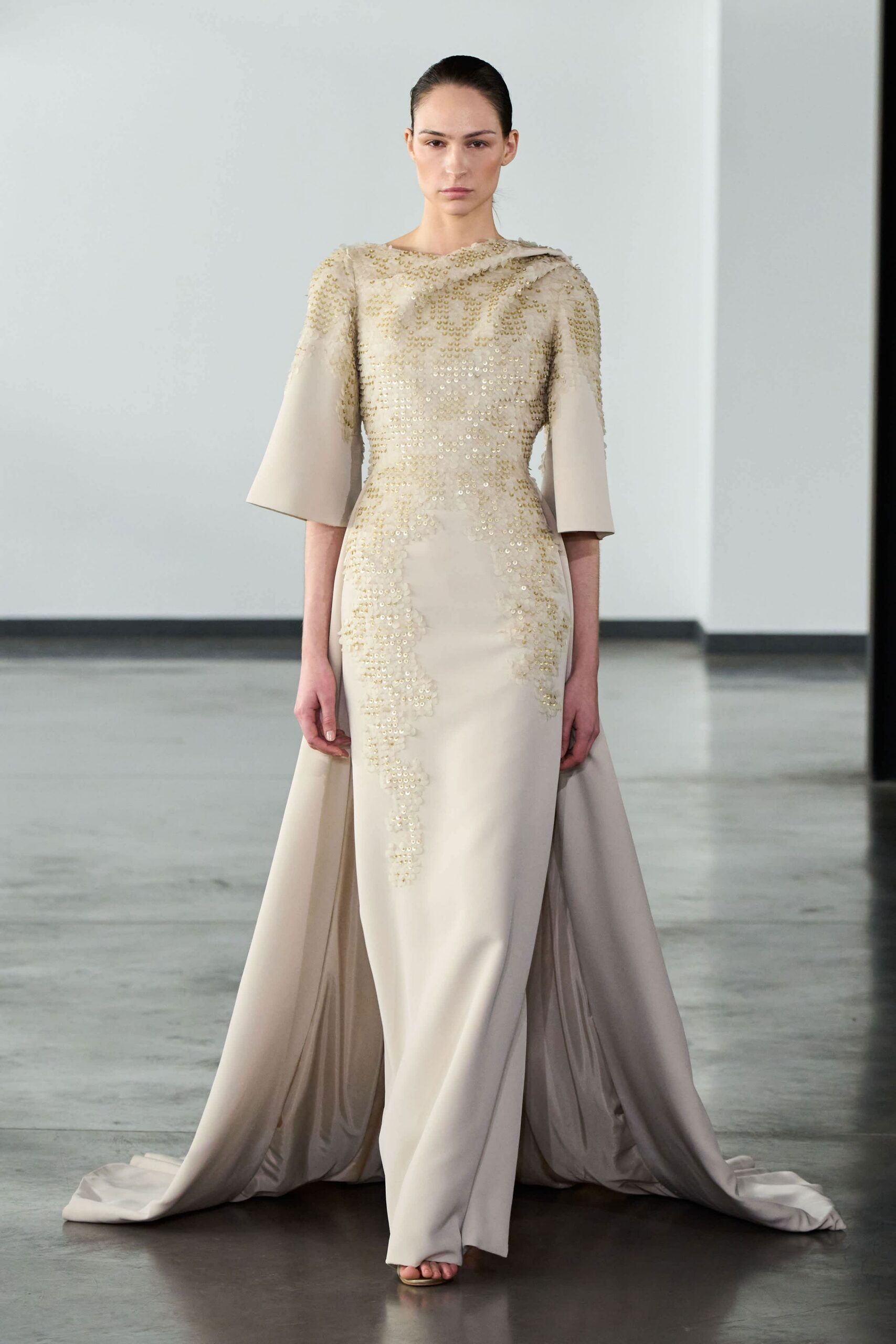 beige silk embroidered gown