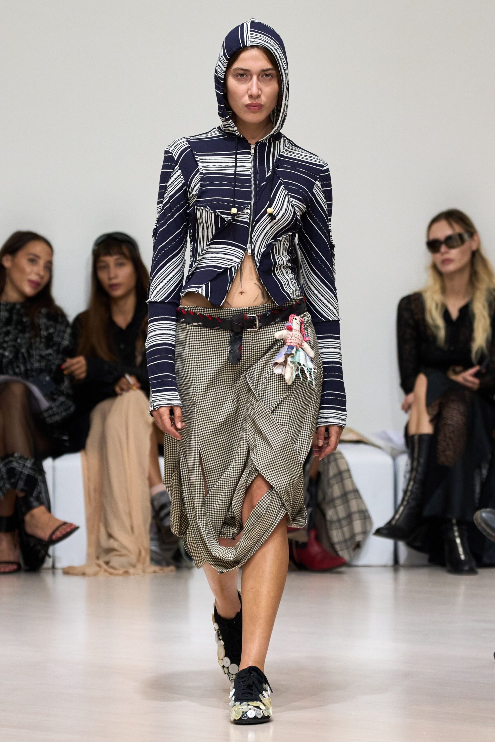 blue and white striped jacket with relaxed skirt