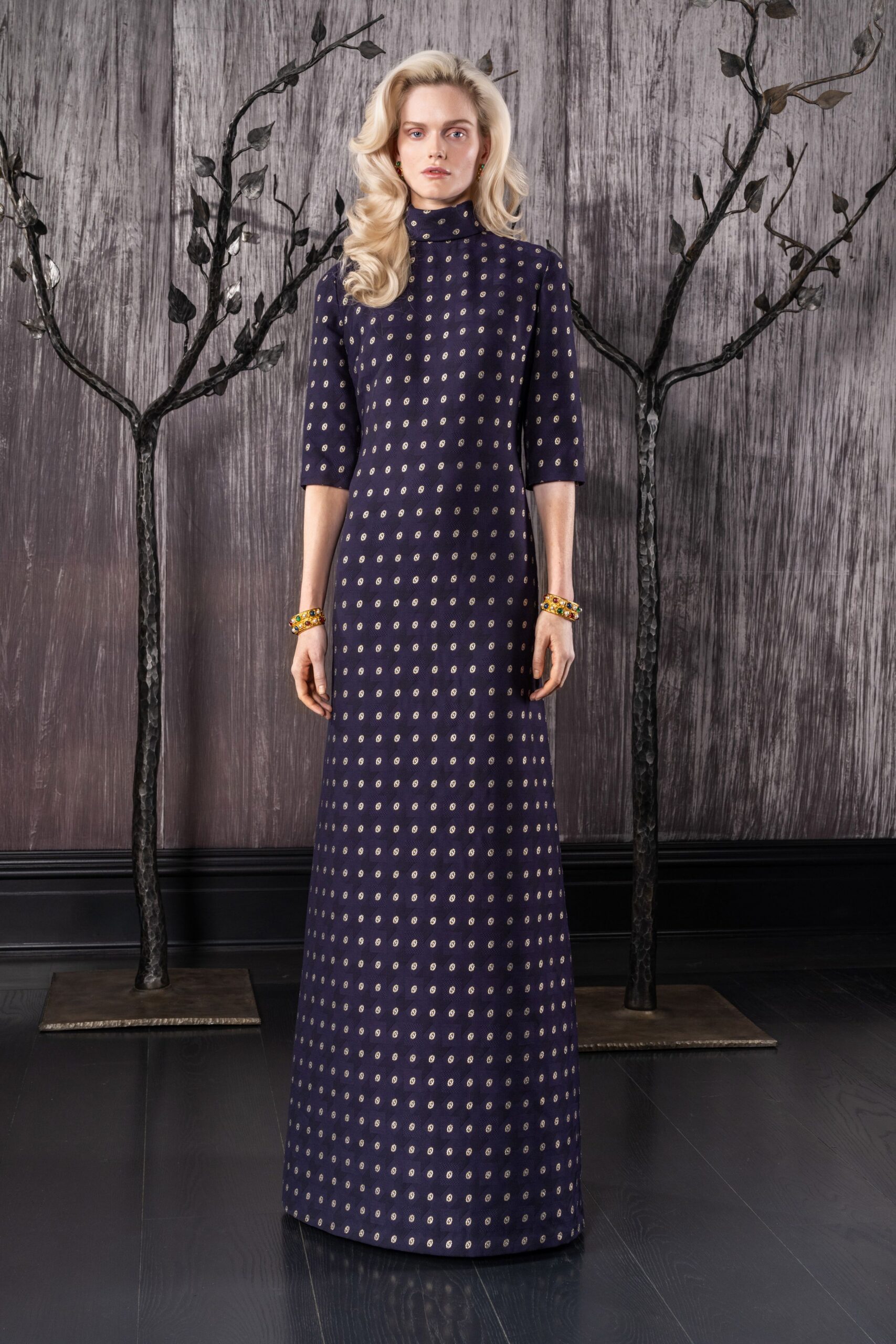navy printed fitted gown