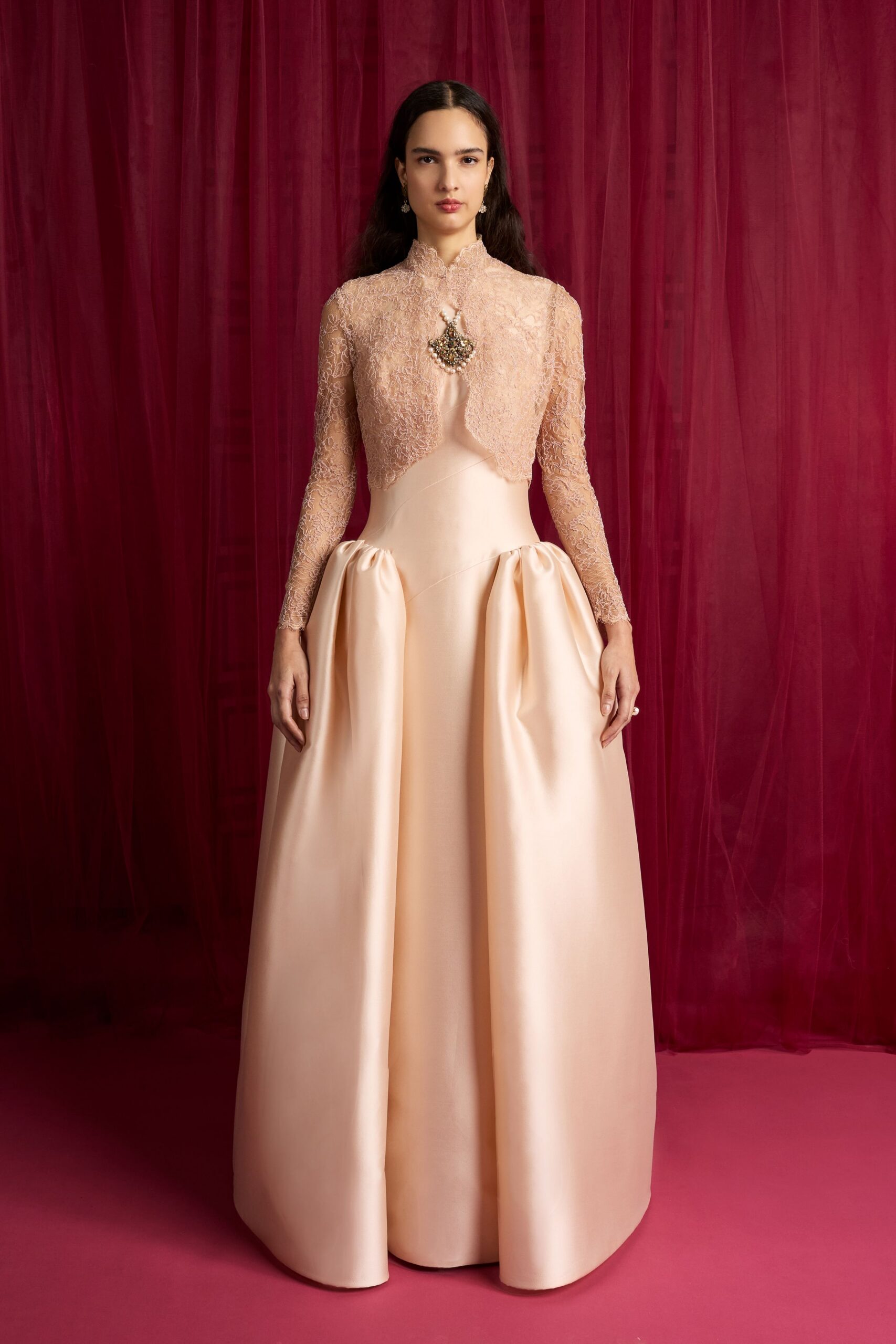 pink silk embroidered gown