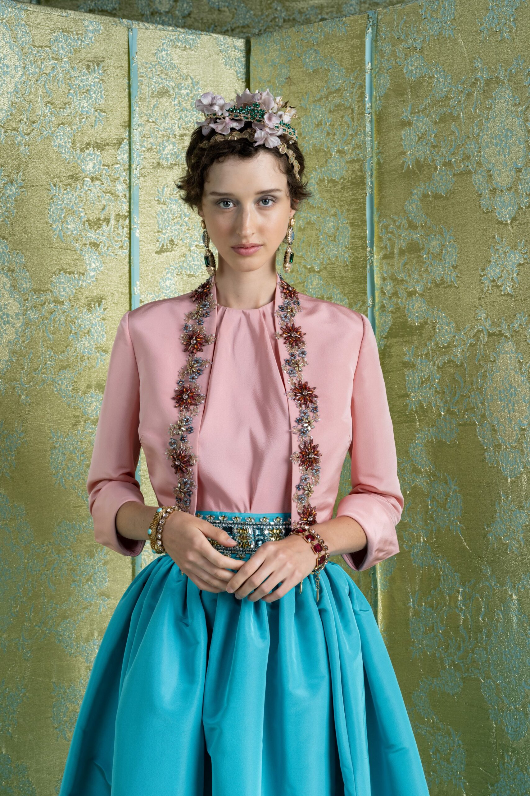 pink silk blouse with blue tiered skirt