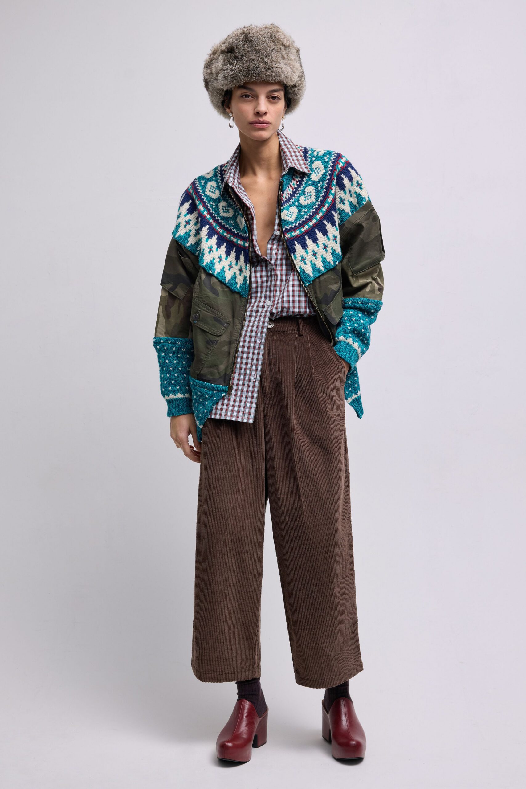 green cotton long-sleeve collared relaxed embroidered color-blocked jacket