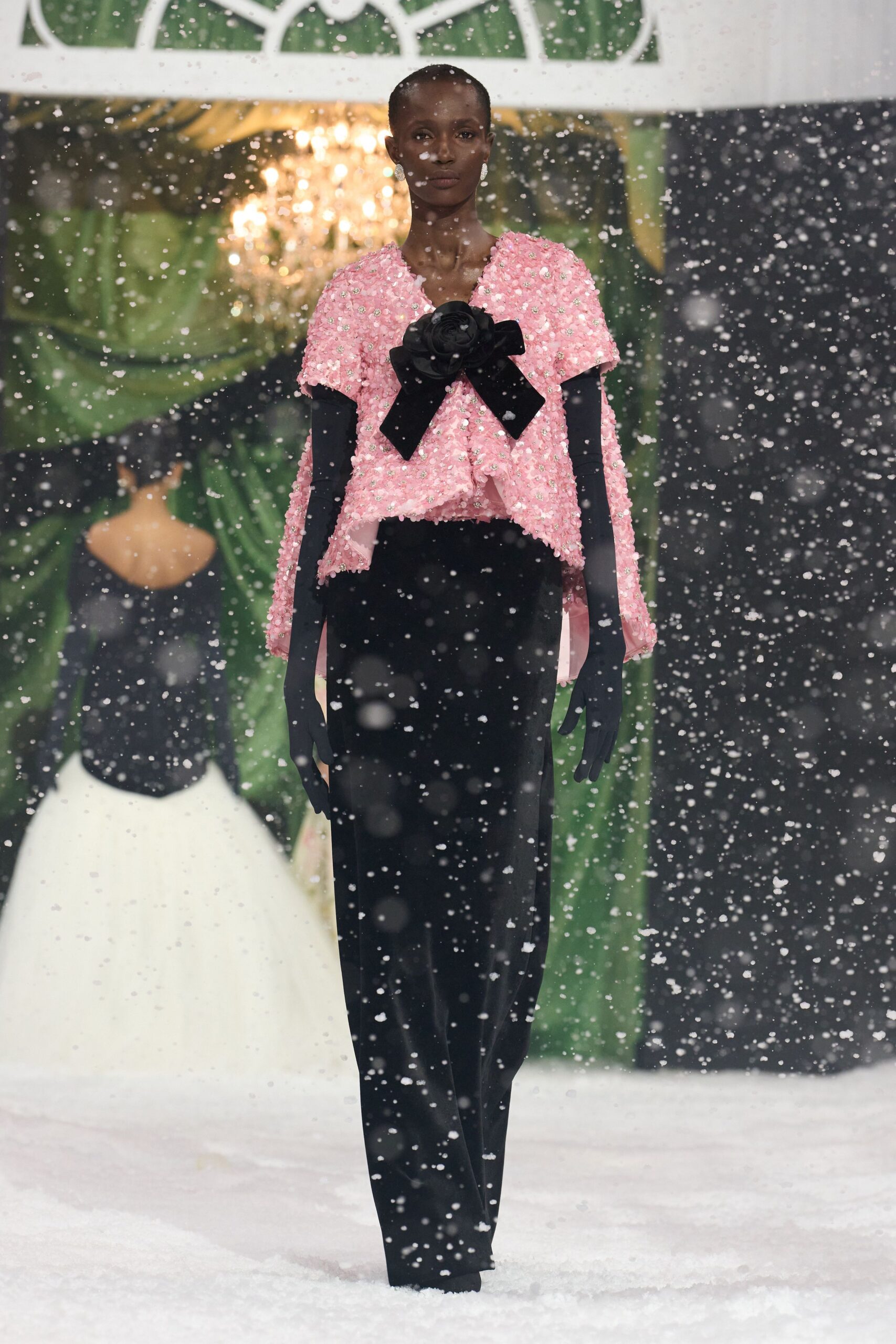 pink silk long-sleeve collared fitted ruffled top