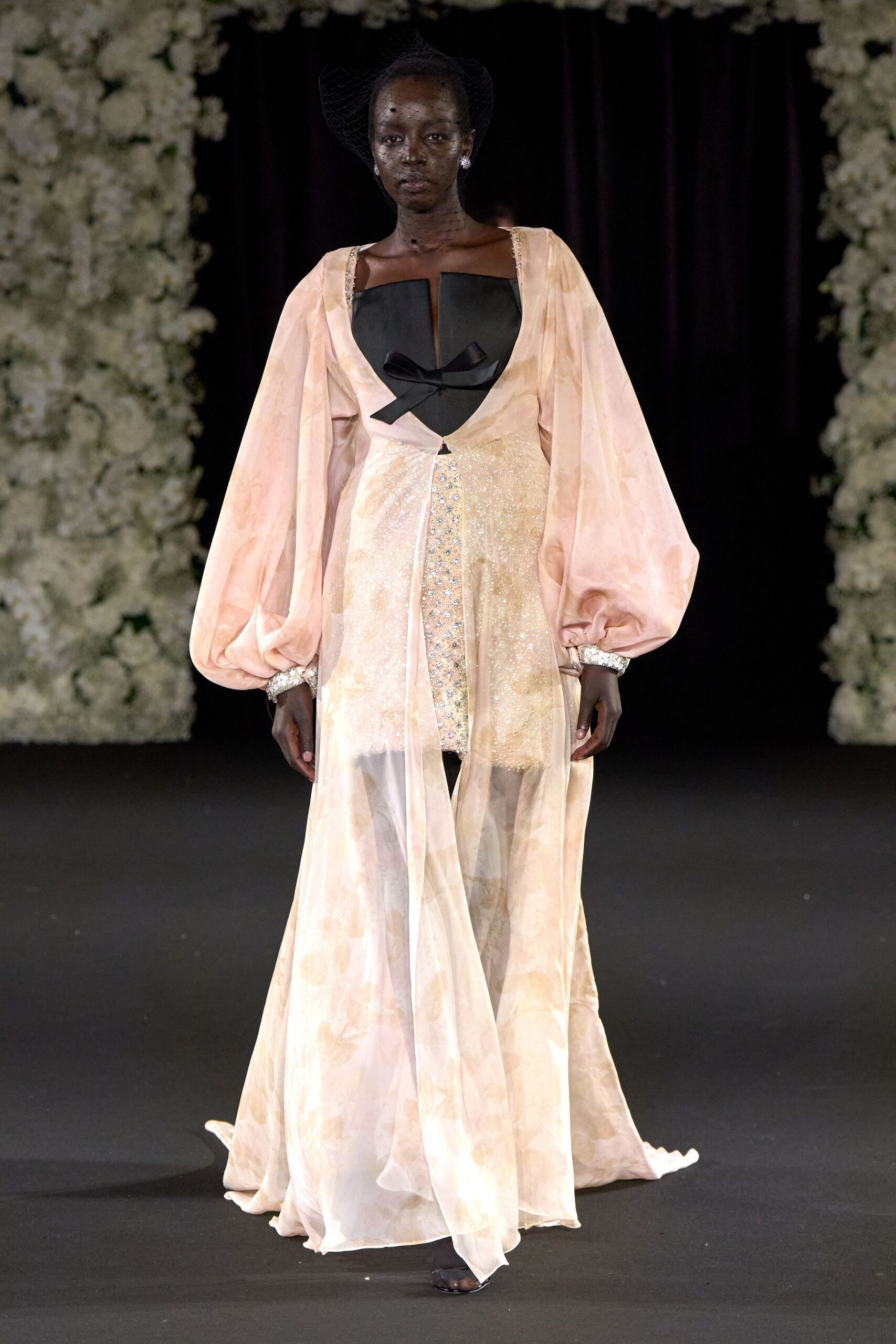 pink silk long-sleeve v-neck fitted layered flared gown
