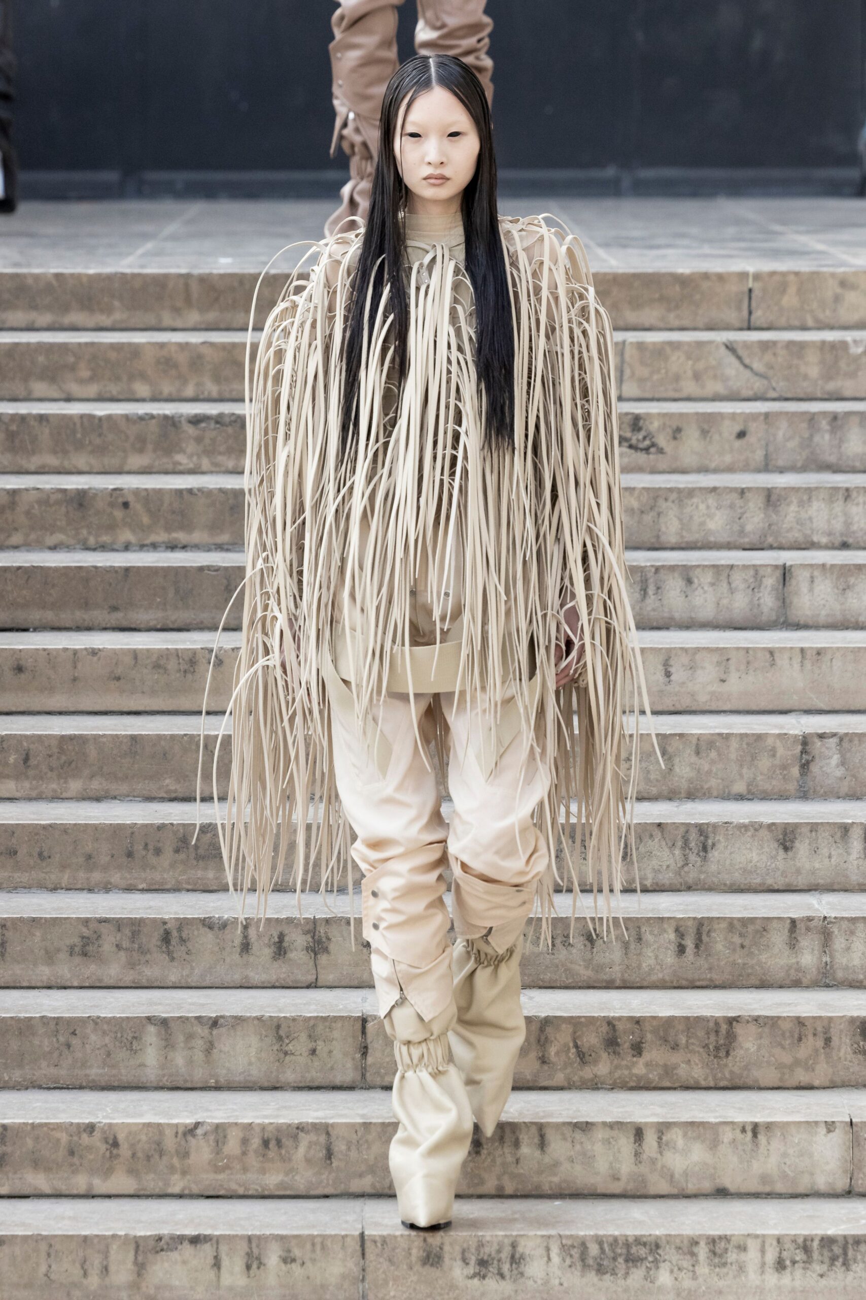 beige cotton long-sleeve oversized fringed top