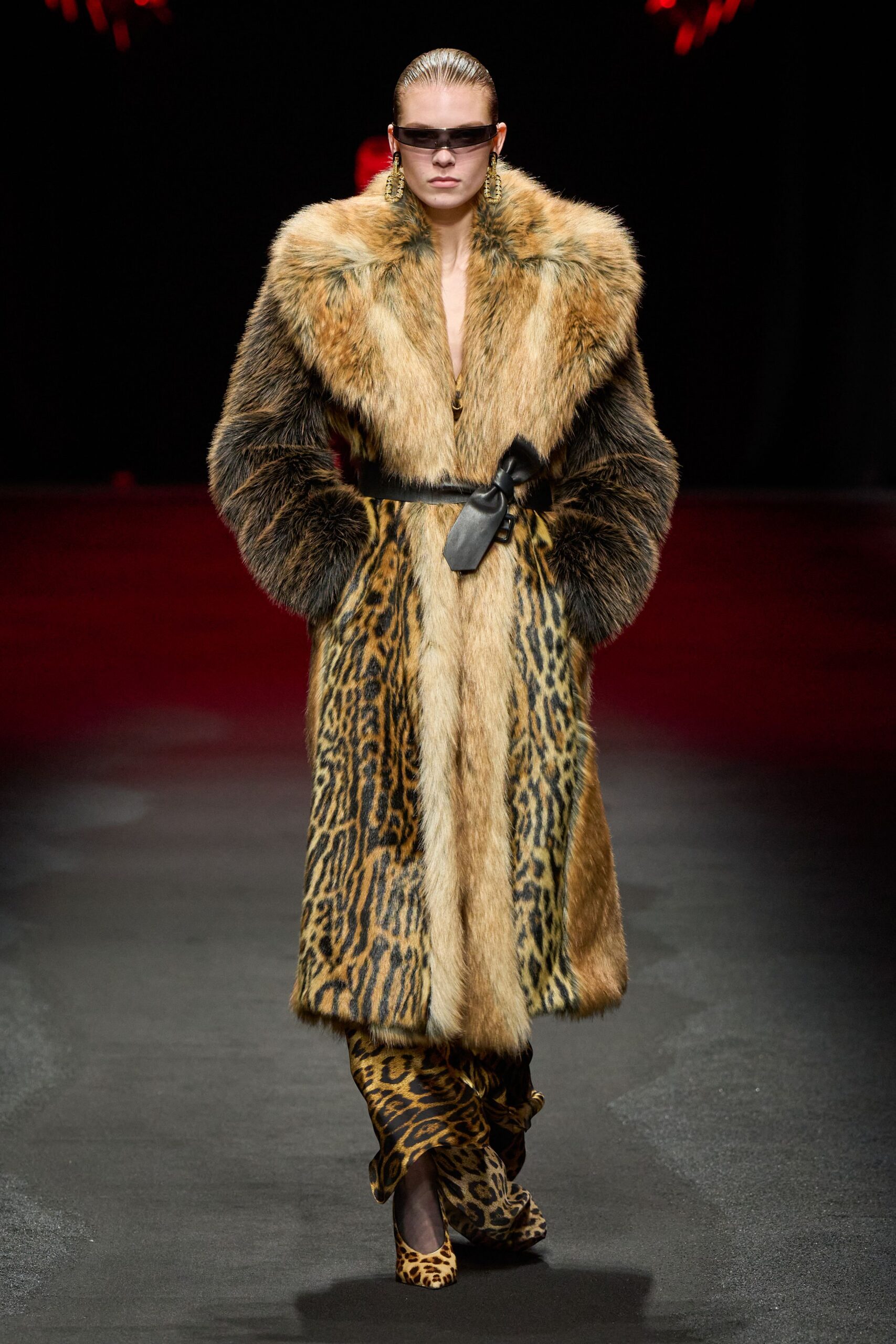 brown fur relaxed animal-print belted coat