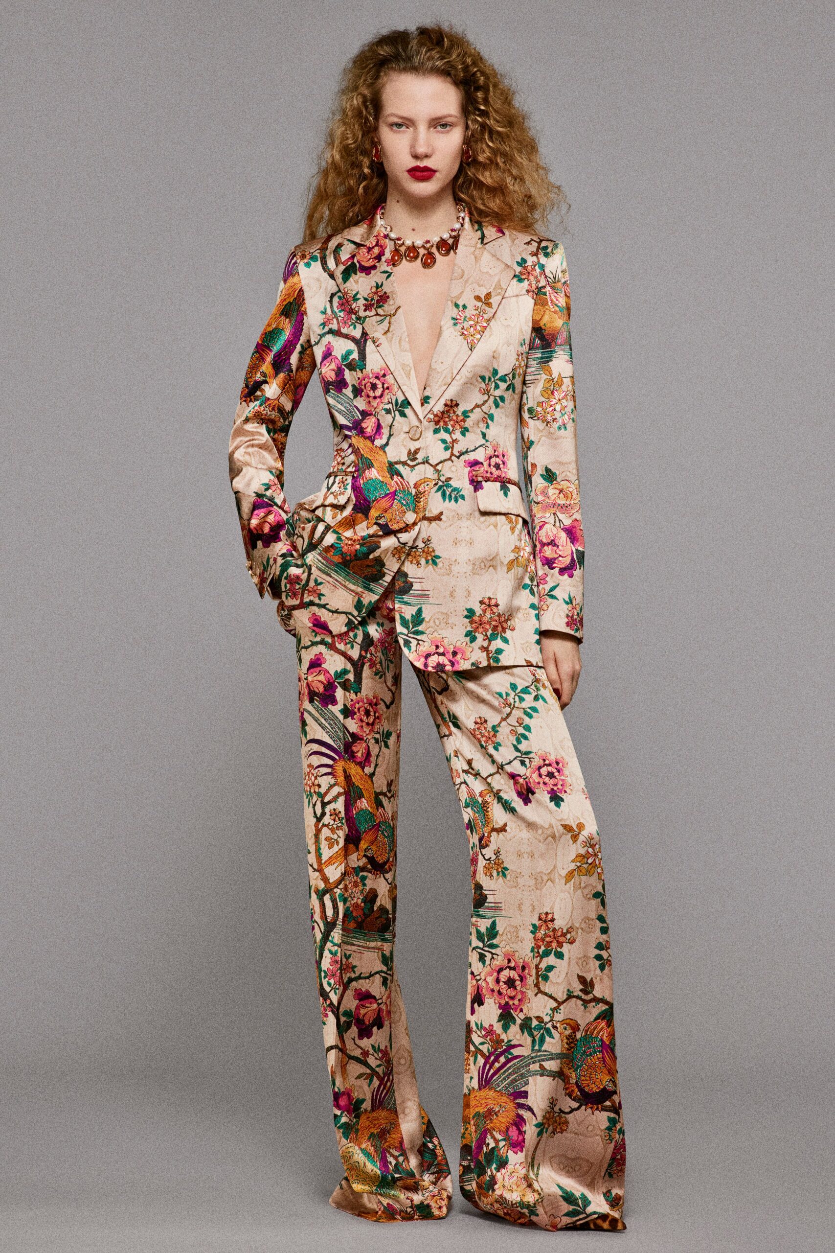 beige multi printed tailored suit