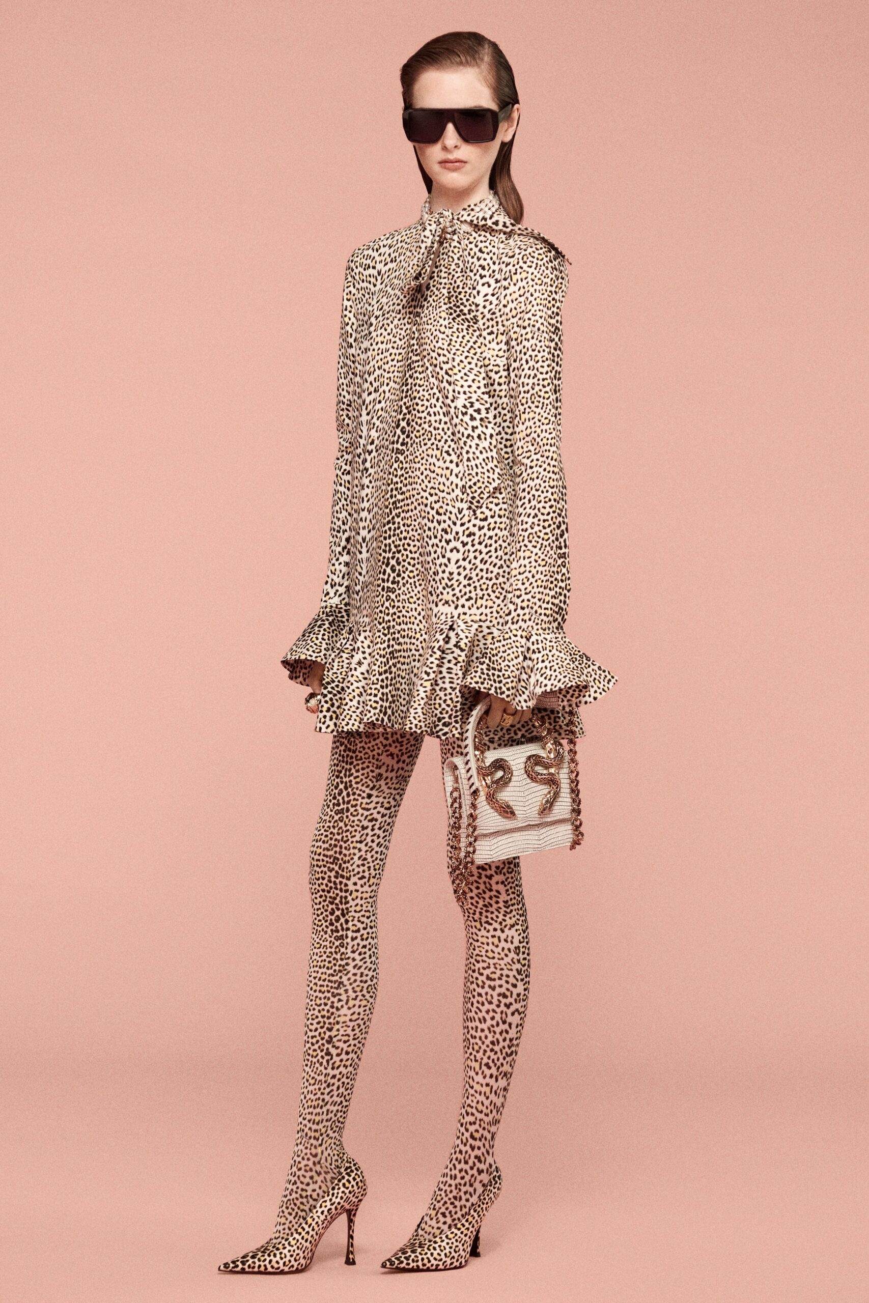 beige silk long-sleeve collared fitted ruffled printed mini-dress