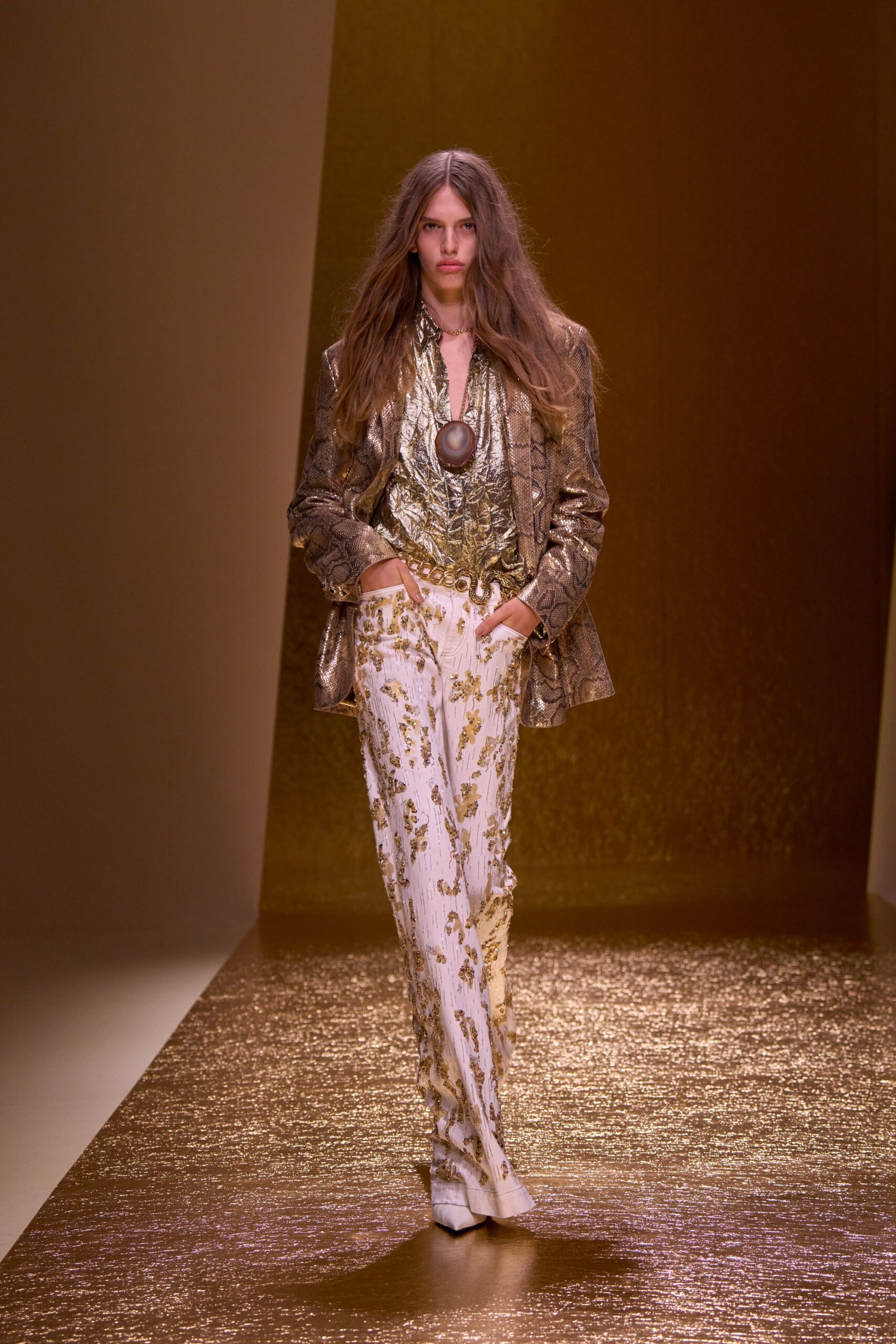 white silk slim embroidered shiny pants