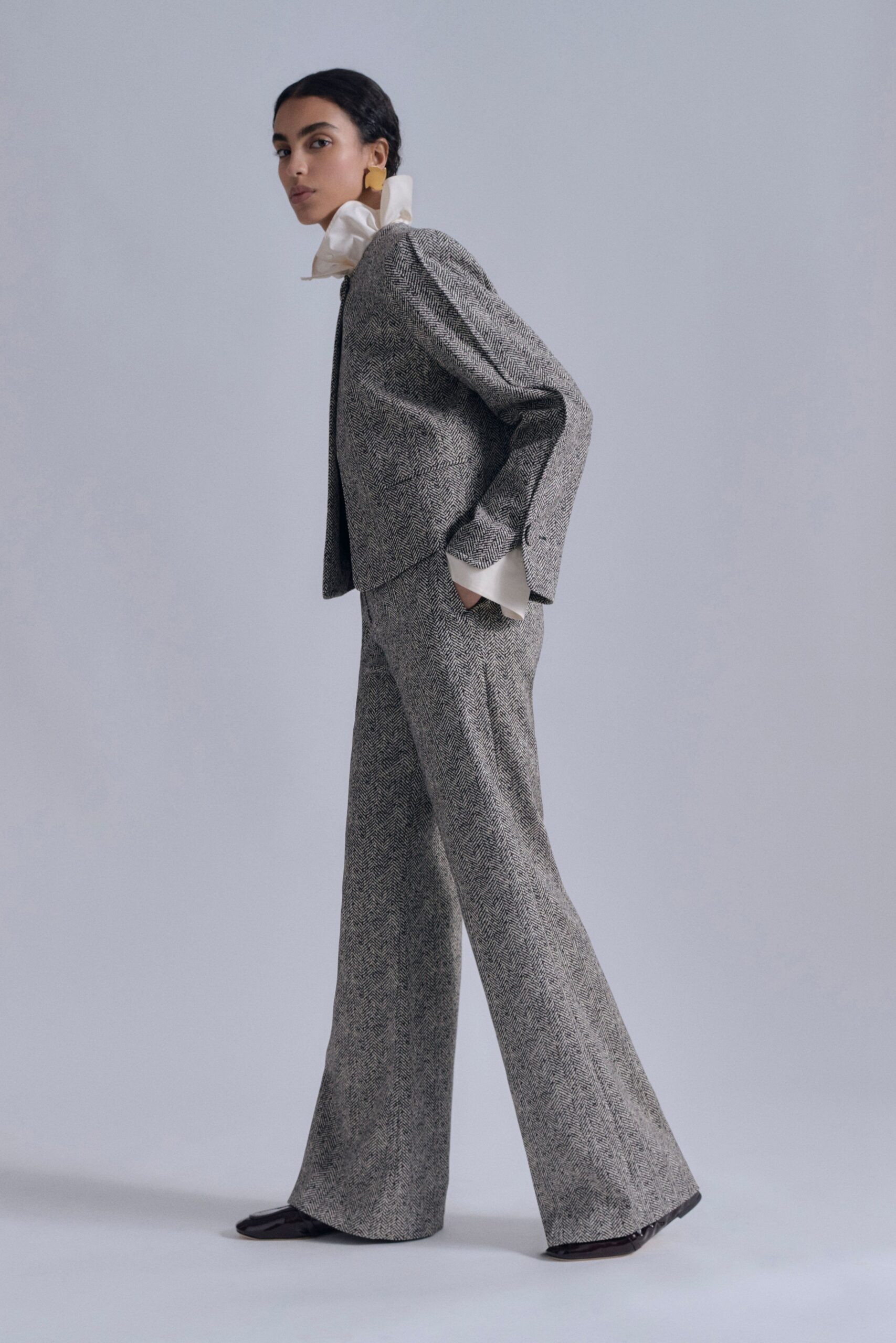 gray tweed blazer and pants