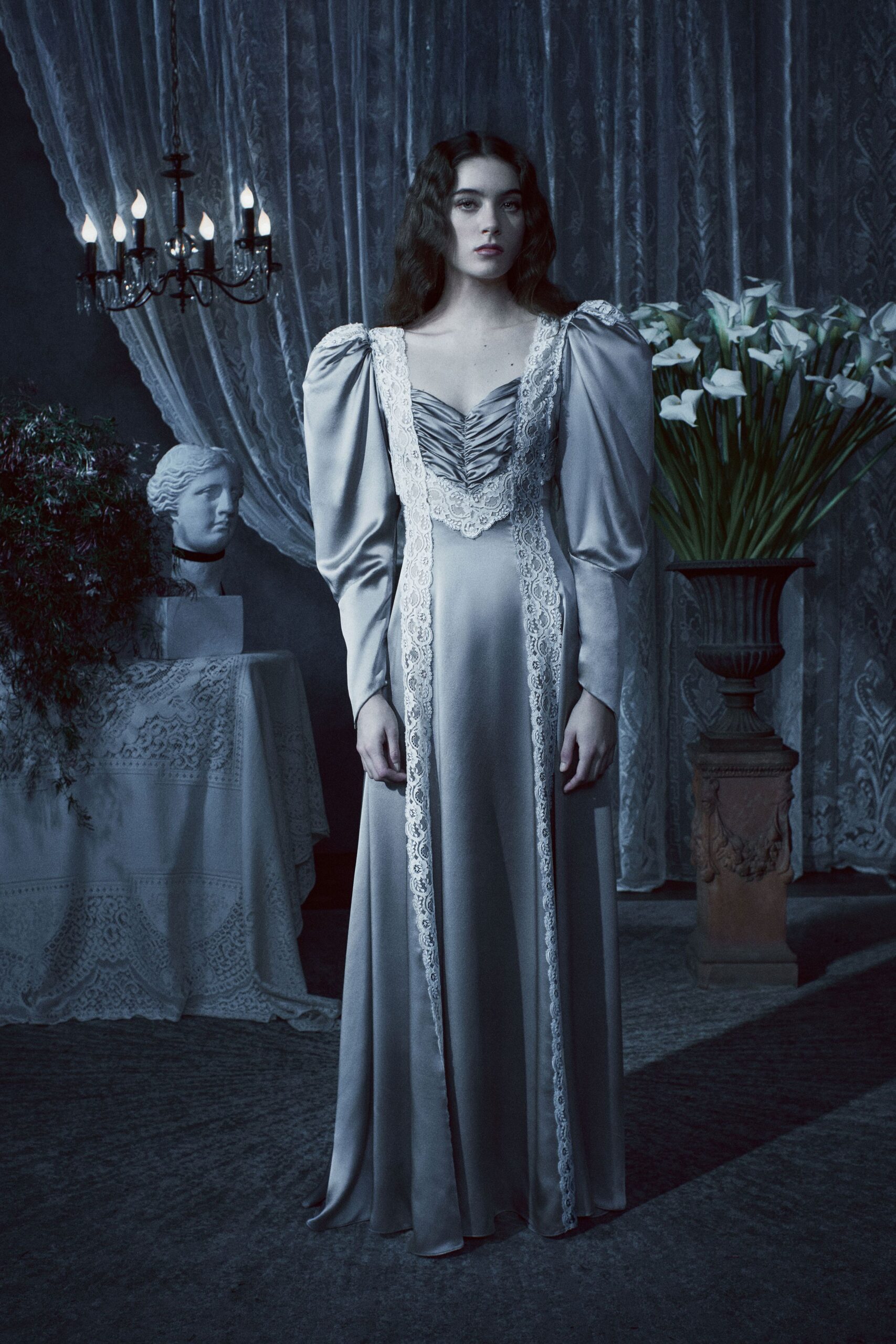 gray silk fitted gown
