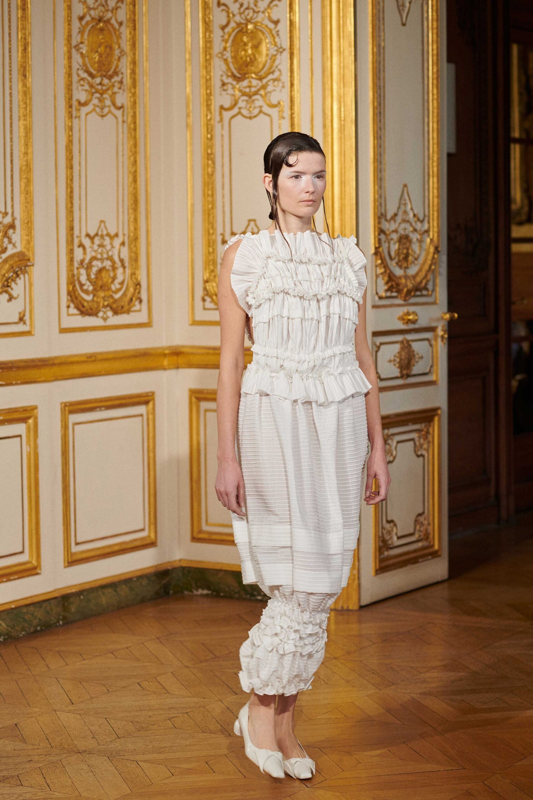 white ruffled midi dress with ruched pants