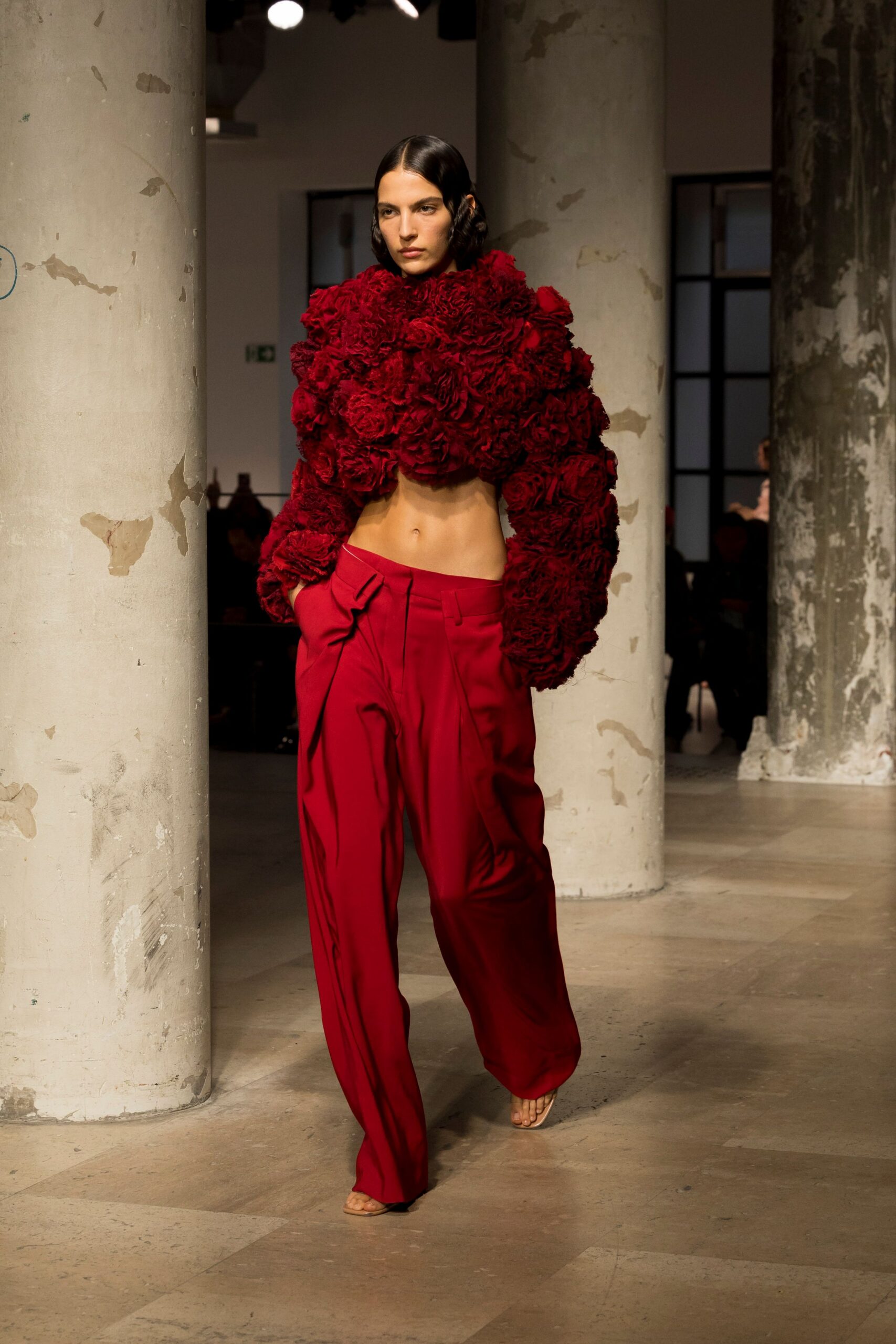 red silk sleeveless fitted ruffled top
