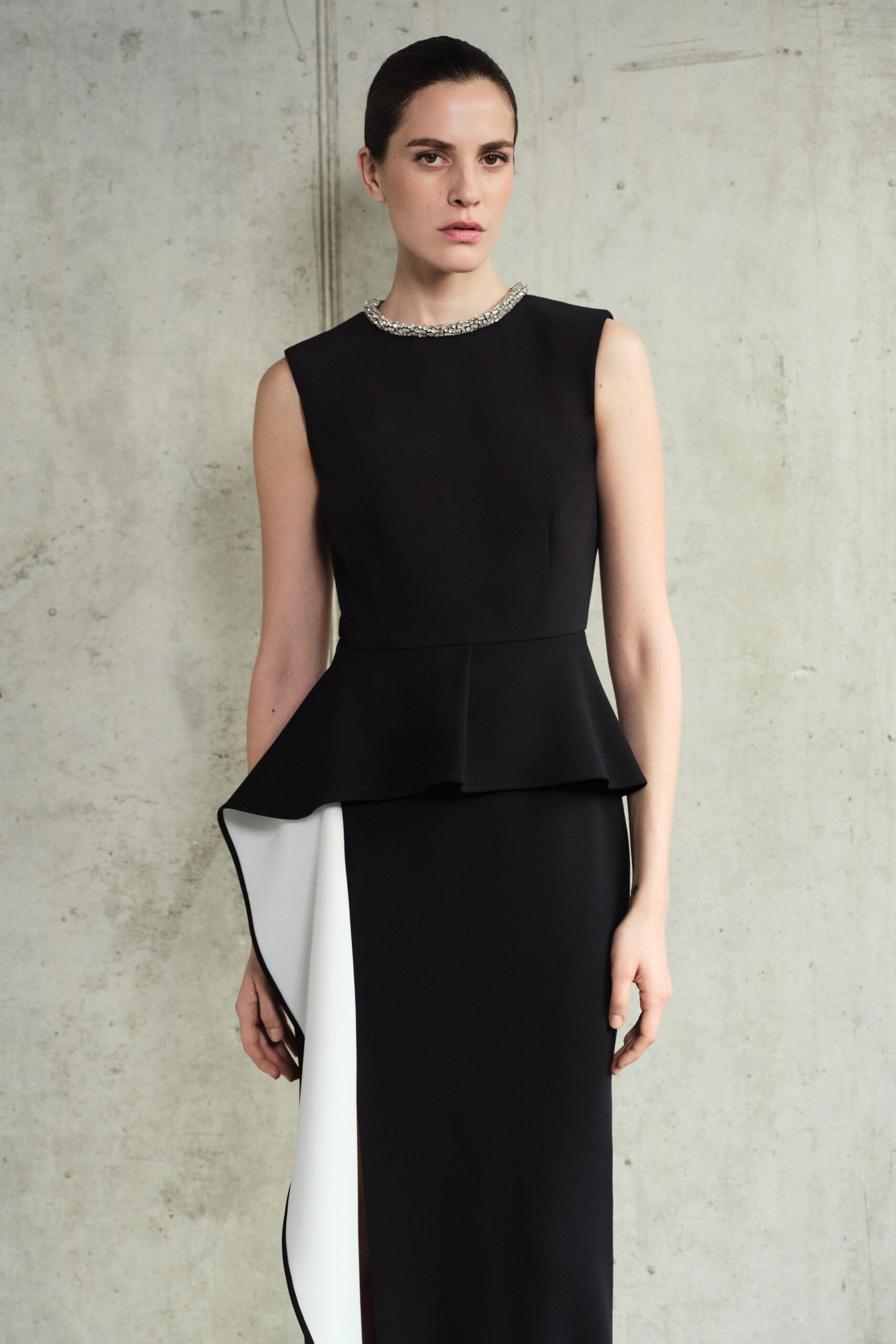 black and white sleeveless gown