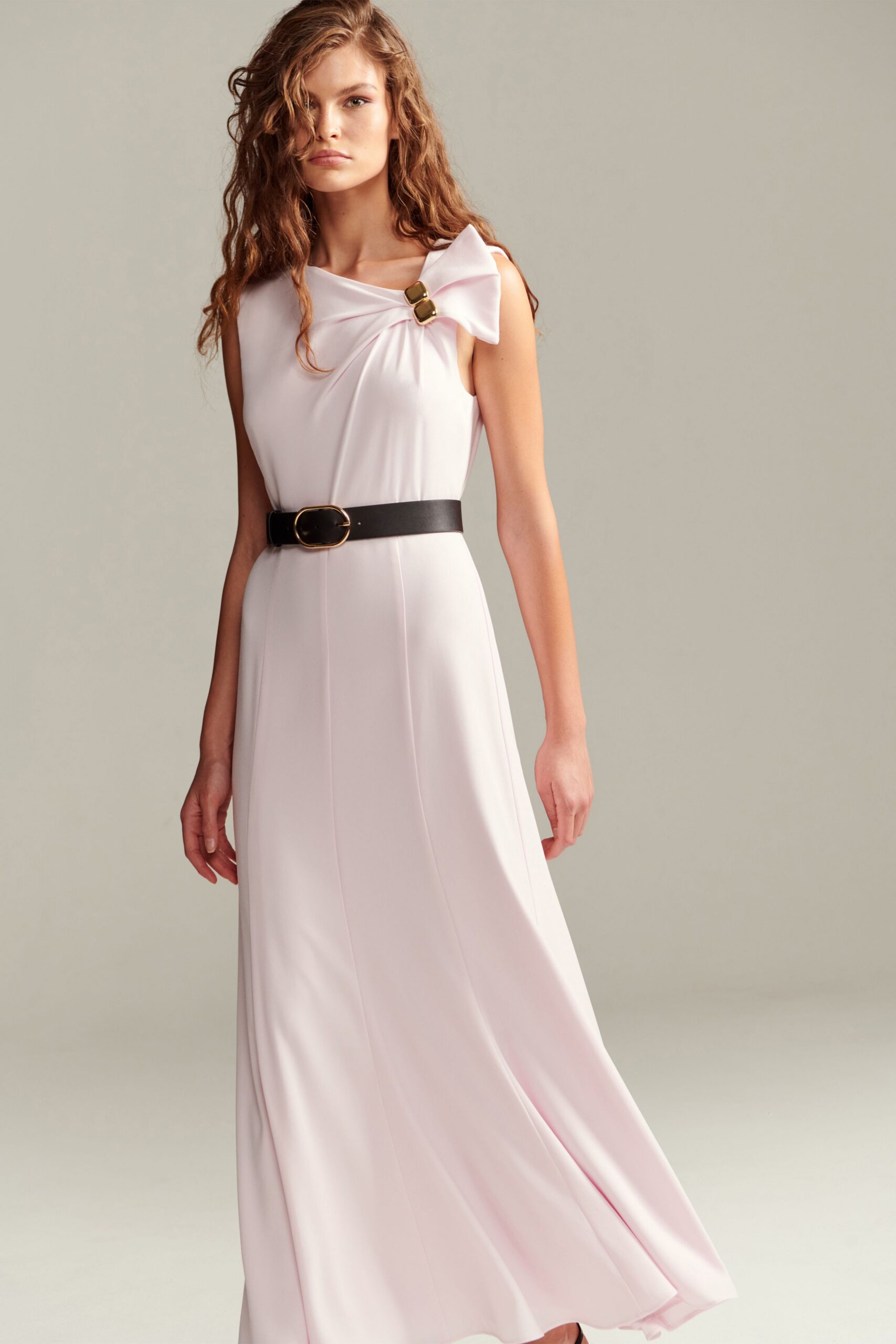 pink silk sleeveless v-neck fitted draped belted gown