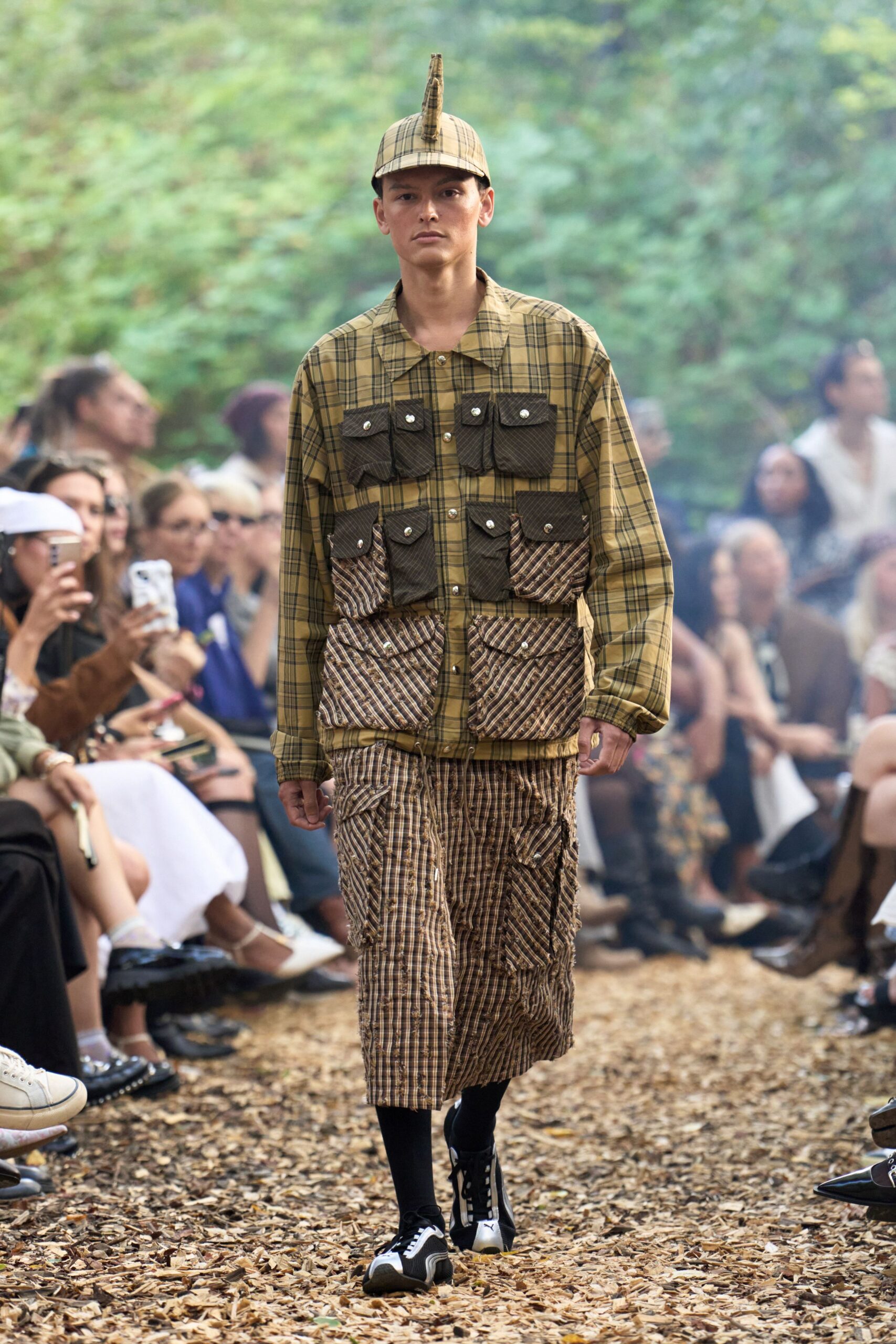 brown checked shirt and skirt