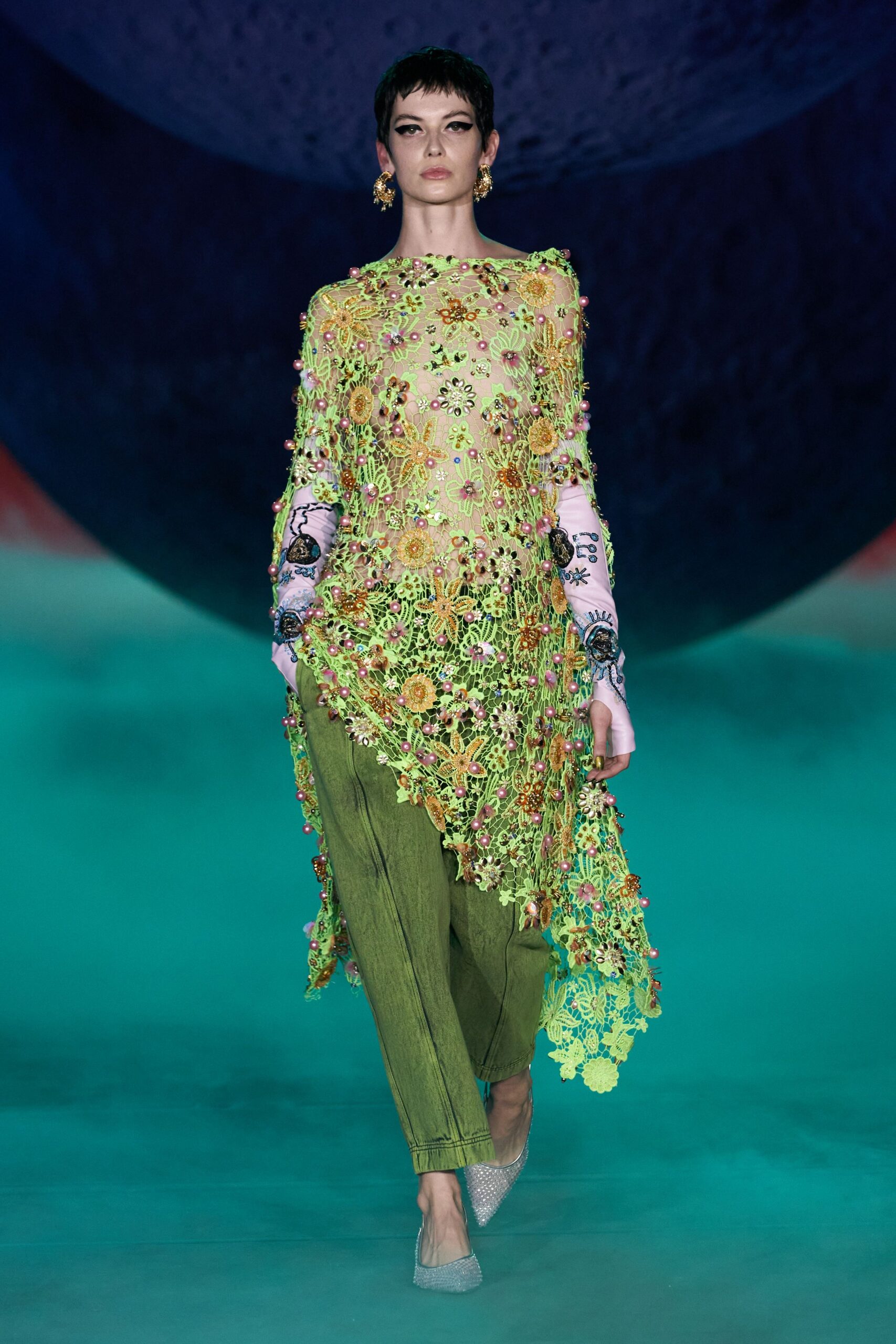 green silk long-sleeve high-neck relaxed embroidered layered top